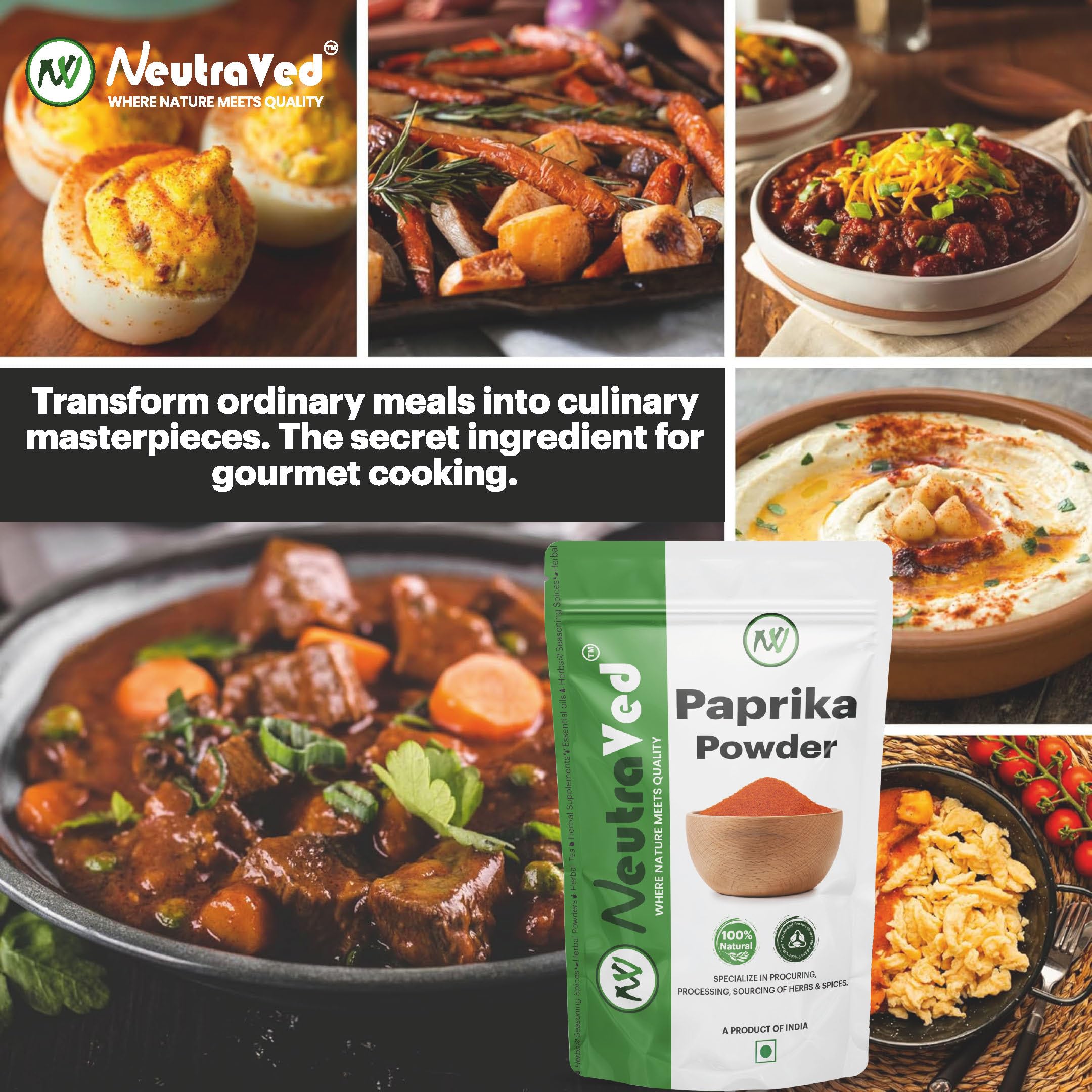 NeutraVed Paprika Powder 100g | Sweet & Mild Red Paprika Spice for Cooking, Seasoning & Garnishing | Comes in Standup Ziper Pouch - 100gm - Image 5 thumbnail