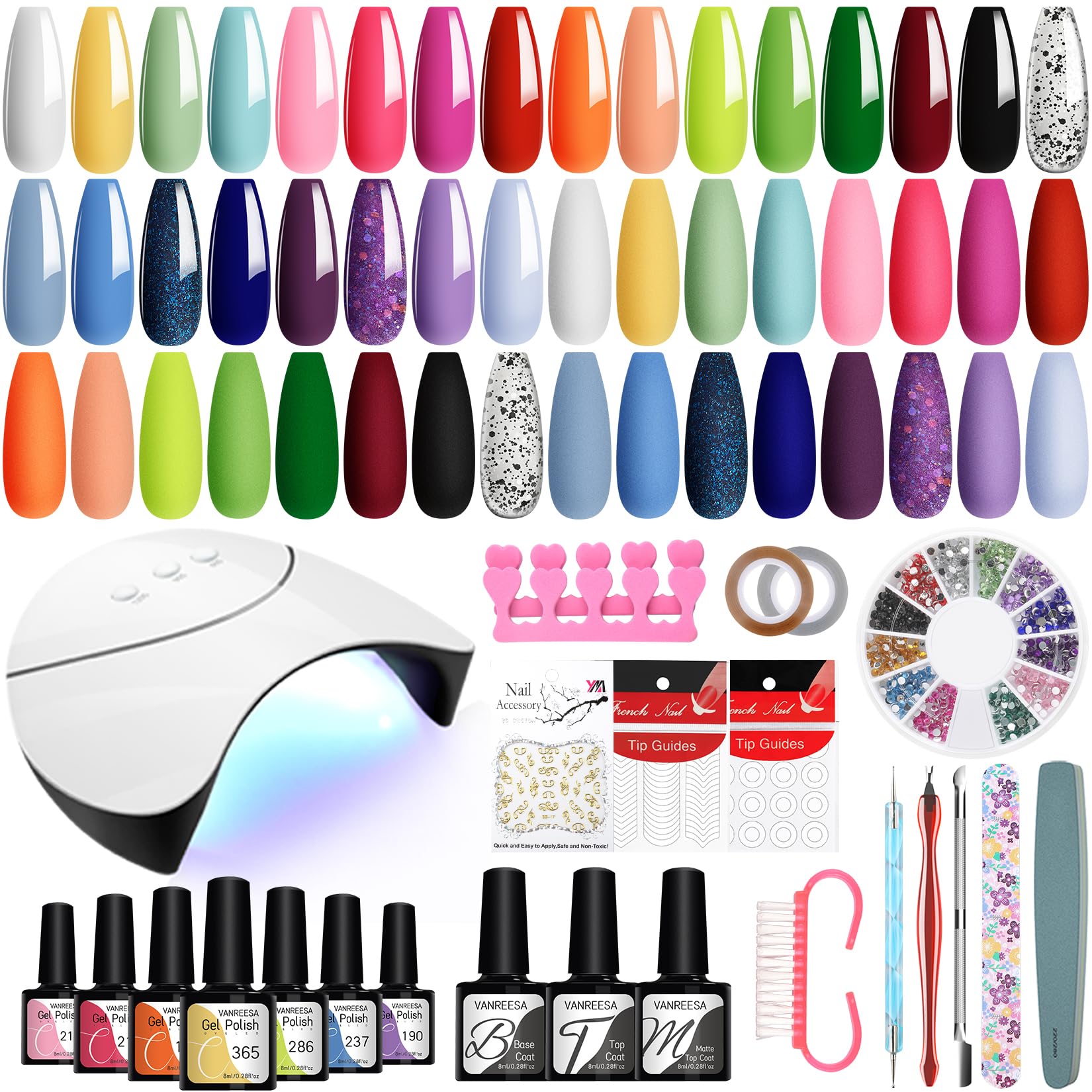 VANREESA 42 PCS Gel Nail Polish Set including Lamp Starter Kit 24 Colours Bright Spring Summer Colours Gel Nail Kit White Pink Green Blue Purple Soak Off U V Polish with Manicure Tools Gifts for Women