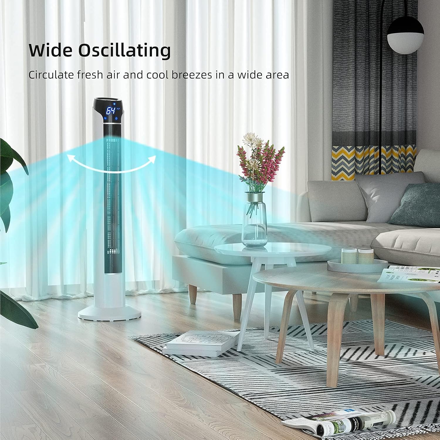 Uthfy Tower Fan oscillating, showing a wide area of air circulation.