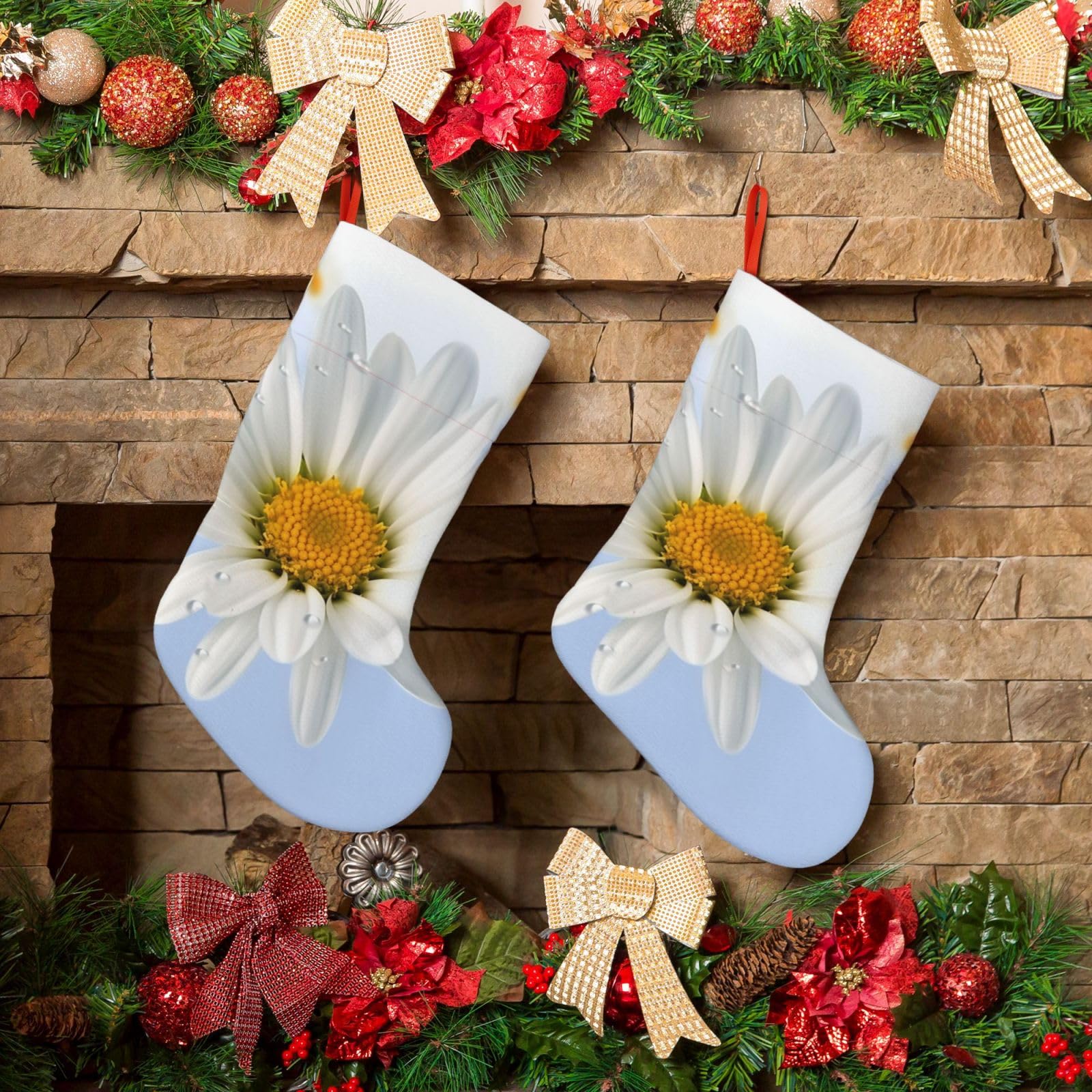 White Daisy Christmas Stockings 18 Inches Velvet Xmas Fireplace Hanging Stocking Rustic Christmas Santa Stockings for Home Christmas Decorations Party Favor Supplies