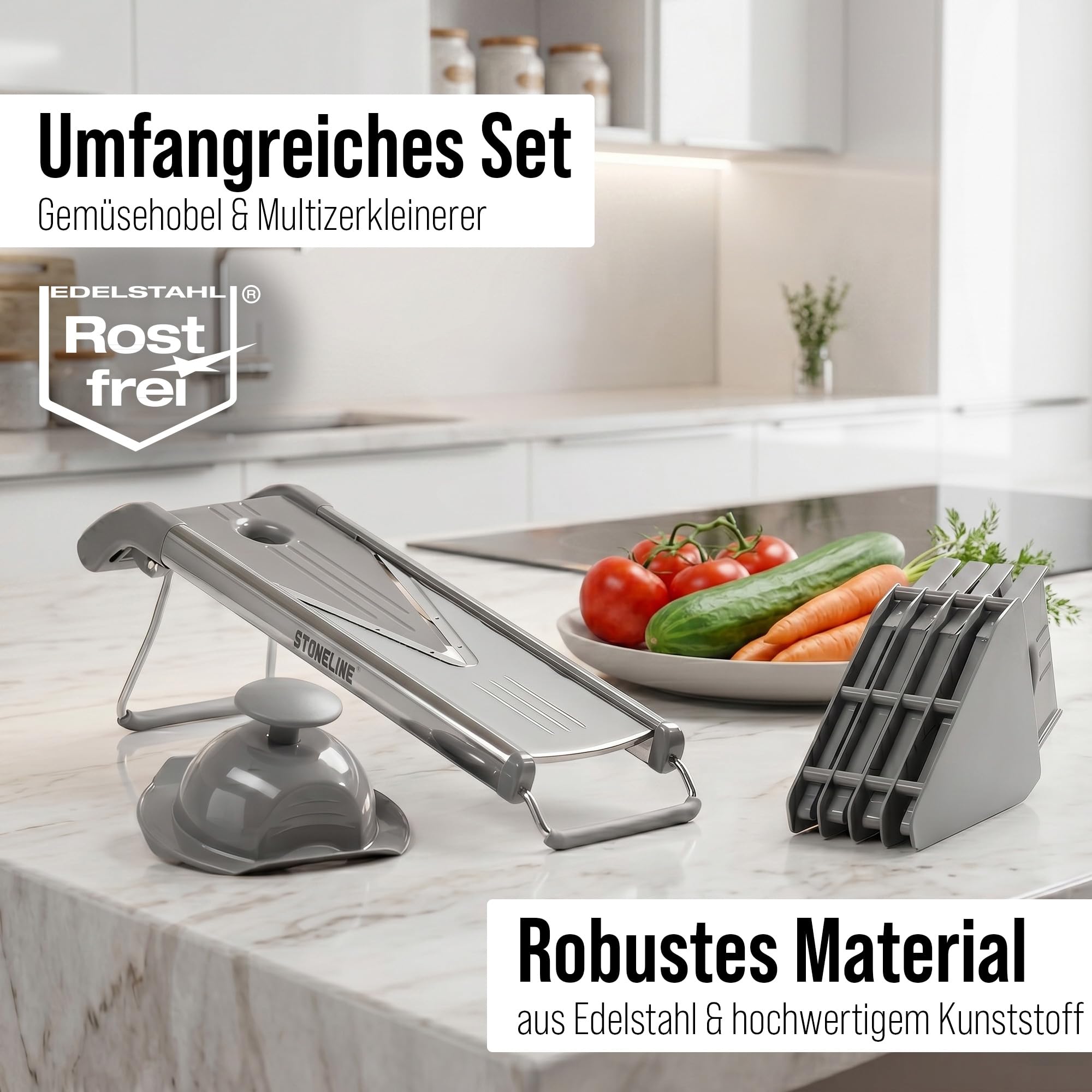 STONELINE Râpe en V, Mandoline à Légumes, polyvalente, pour pour Frites, Coupe-Légumes, avec 5 embouts, Set de 9 Pièces, en Acier Inoxydable