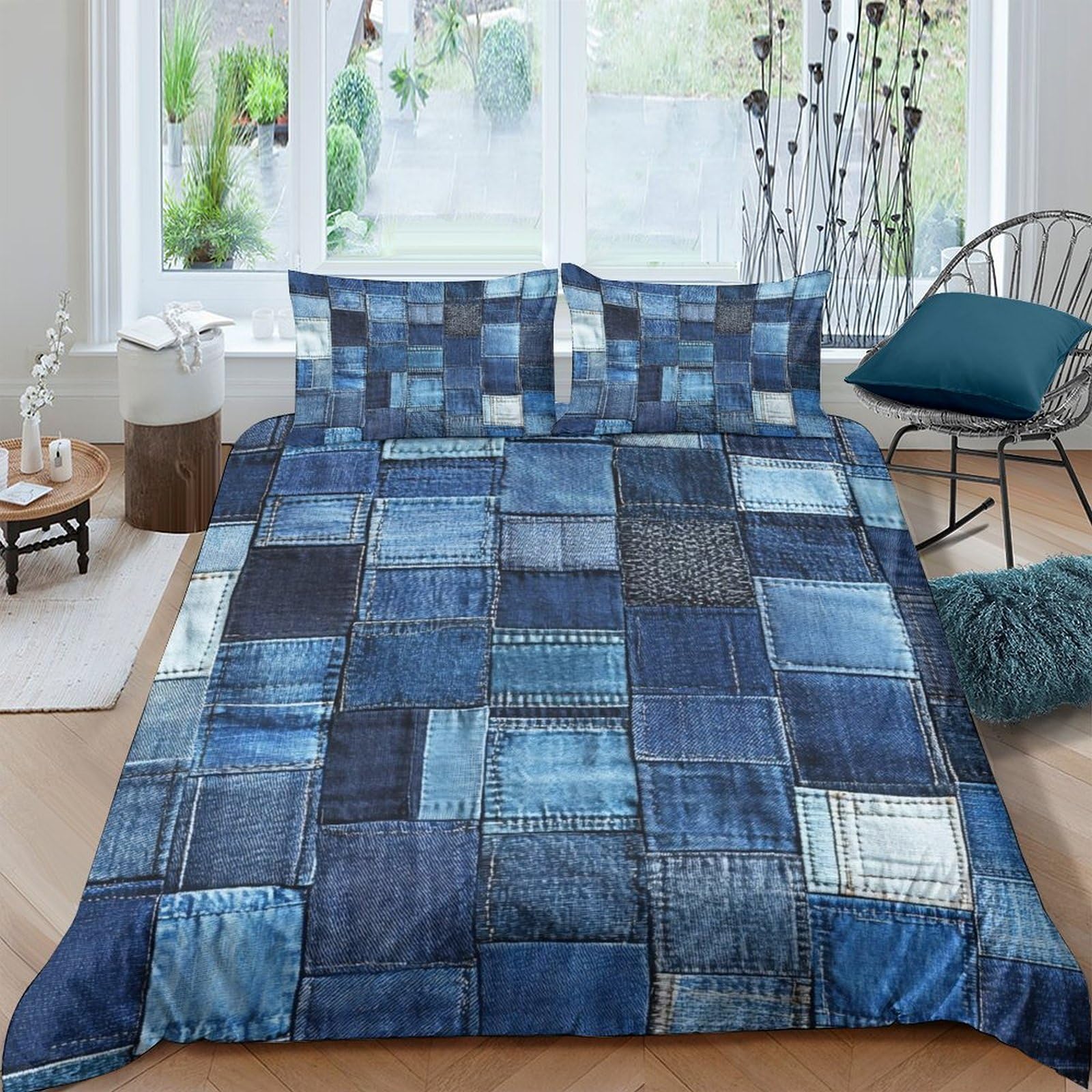 GPLZQXKJNH 3D Printed Patchwork Denim Duvet Cover Microfiber Breathable Blue Quilt Cover Set with 2 Pillowcases for Bedroom Home Single（135x200cm）