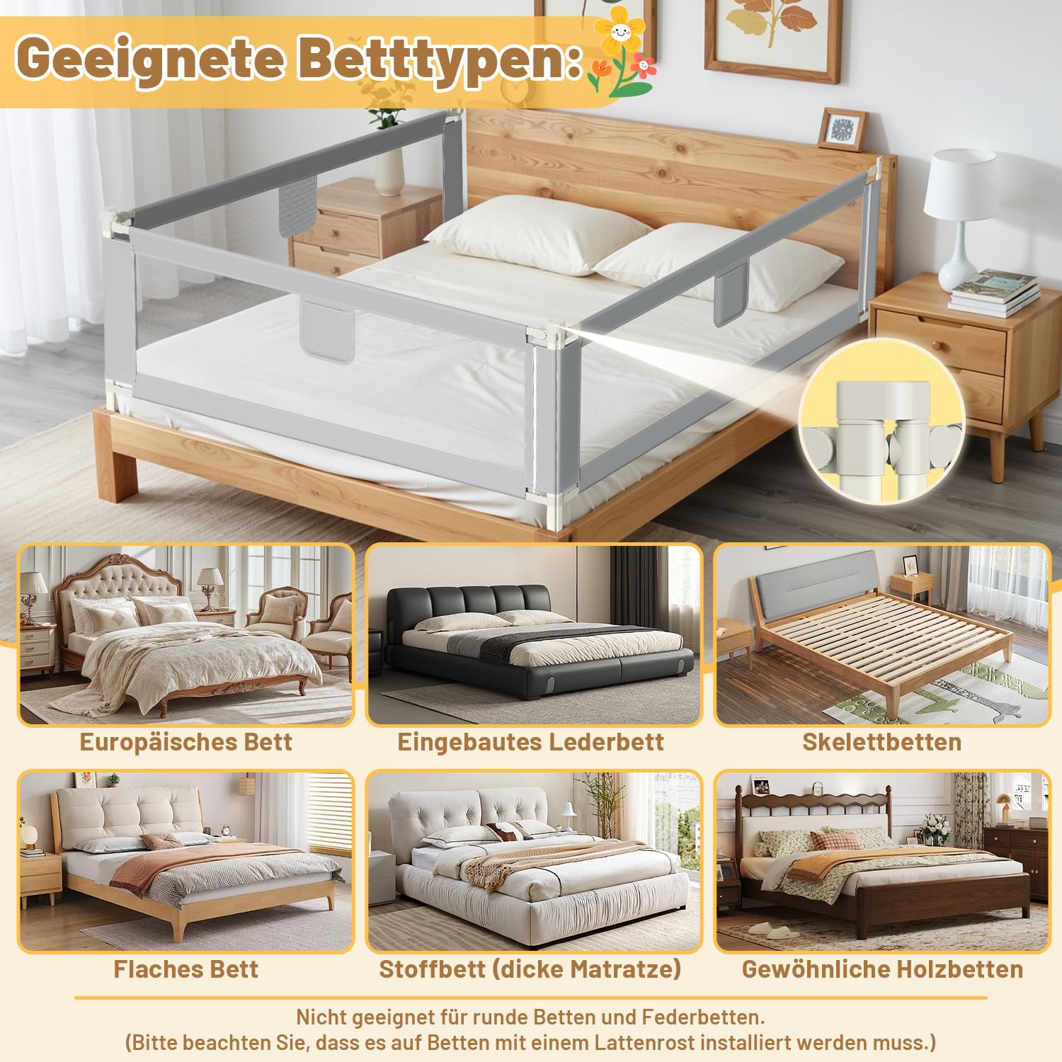 Bettgitter 200cm, Bettgitter Rausfallschutz Bett Höhenverstellbar 64-96cm, Bettschutzgitter Kinderbettgitter mit Luftiges Netz für Kinder & Elternbetten, Grau