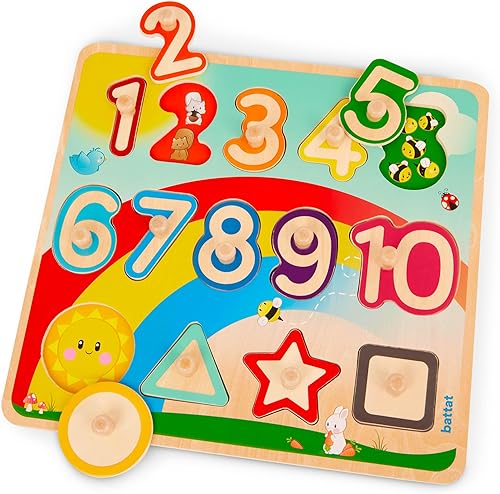 Battat - Rompecabezas de madera de números y formas- Puzzle n' Learn- Juguete educativo para niños - 2 años +