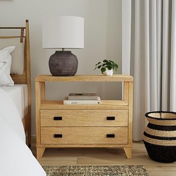 East at Main Ezra Large 2-Drawer Nightstand Warm Brown Solid Bayur Wood Bedside Table with Open Shelf, Black Hardware & Angled Legs 34 W x 15 D x 29.5 H