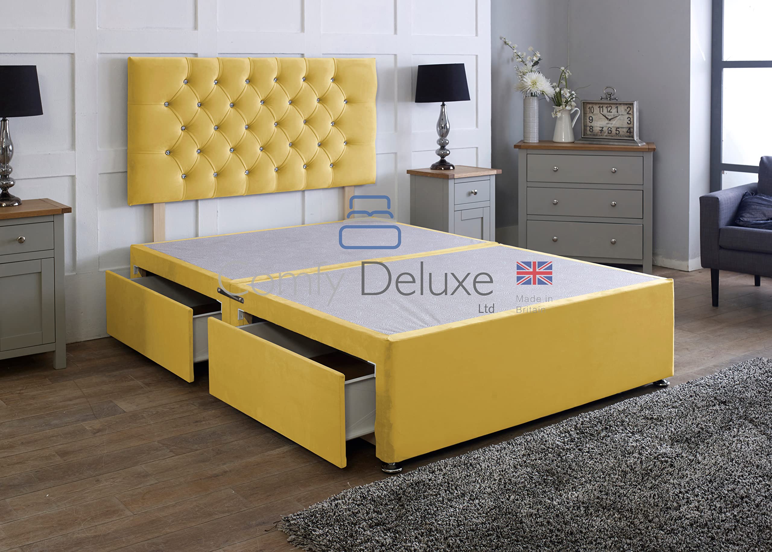 Comfy Deluxe LTD Divan Bed Base - 2FT6 Small Single, Mustard | Plush Velvet Bed Frame with 26 Inch Chesterfield Headboard | No Mattress Included | 2 Same Side Storage Drawers | UK Made