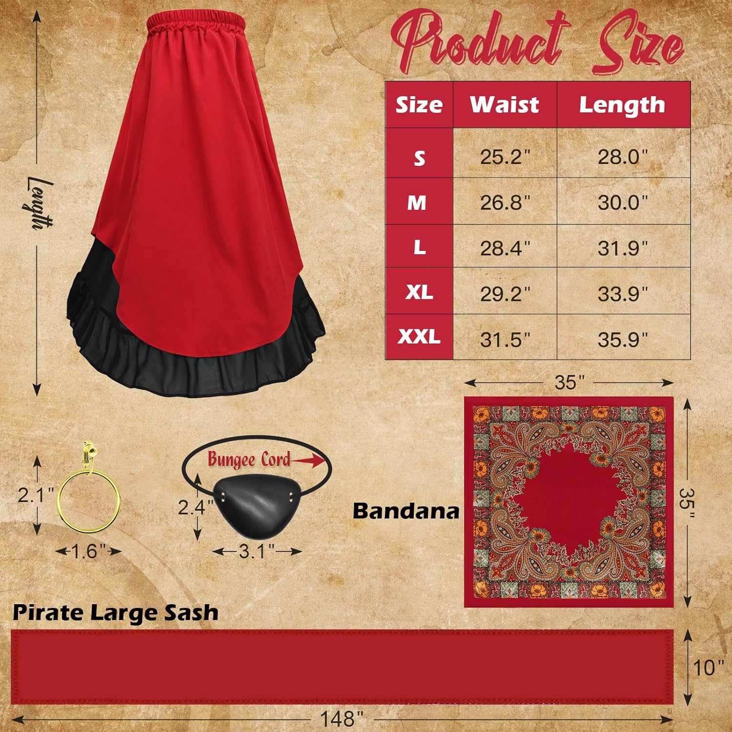 7Pcs Womens Pirate Costume with Accessories Renaissance Blouse Tops Skirt Medieval Belt Headscarf Full Outfit - Image 5