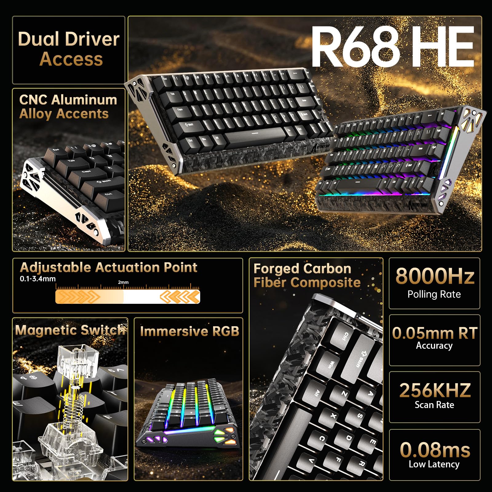 ATTACK SHARK R68 HE Kabel Magnetische Tastatur Kabellosen R11 ULTRA Gaming-Maus Carbonfaser 8000 Hz Rapid Trigger 49g SUPERLIGHT PAW3950MAX 42000 DPI Schwarz