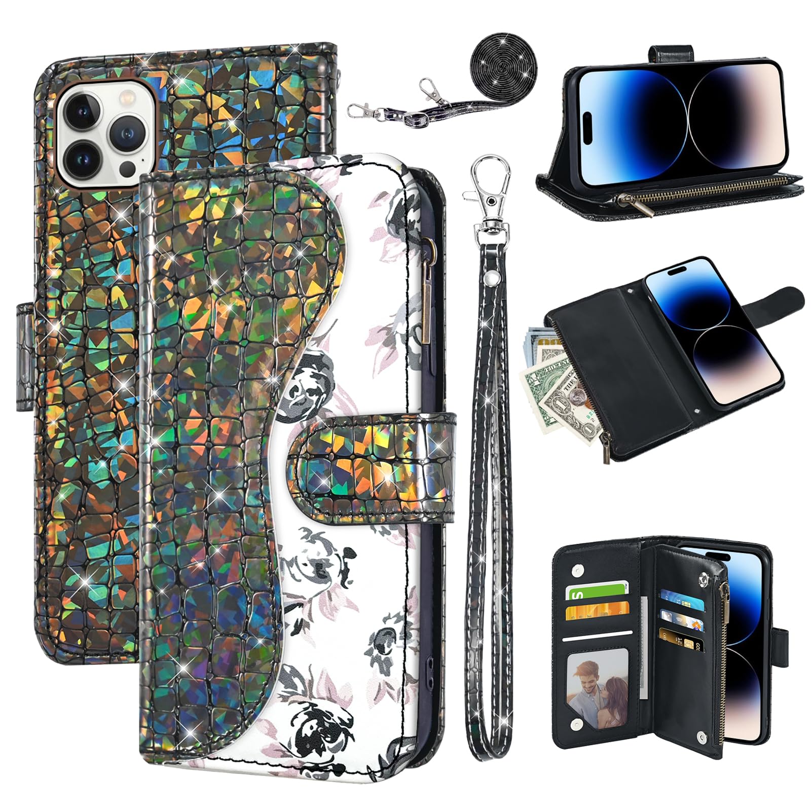 Dibosom Floral Wallet Case for iPhone 11 Pro 5.8 with Wrist Strap Shoulder Strap Flip Zipper Purse Card Holder,Stand Glitter Bling Cell Phone Cover