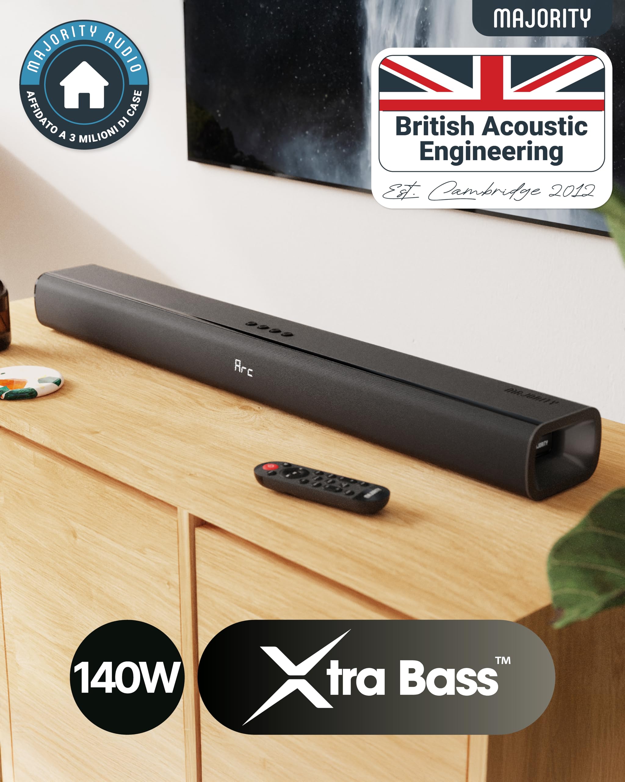 Majority Naga 80 Soundbar Bluetooth per TV | Barra Audio 2.2 Canali 140W con Subwoofer Integrato | HDMI ARC, Ottico, AUX, USB | Soundbar per Smart TV con Suono Surround 3D
