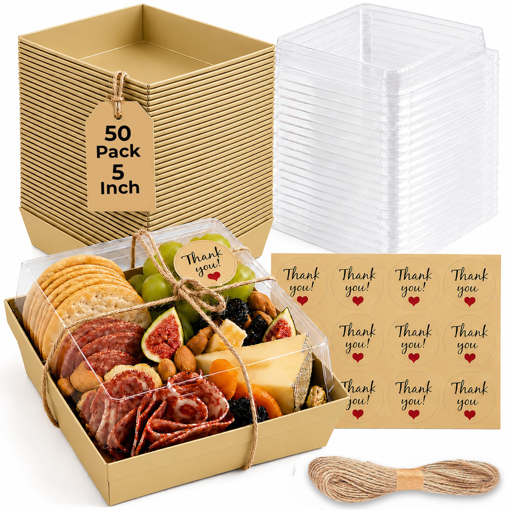50 Pack 5in Small Charcuterie Boxes with Clear Lids, Mini Paper Containers