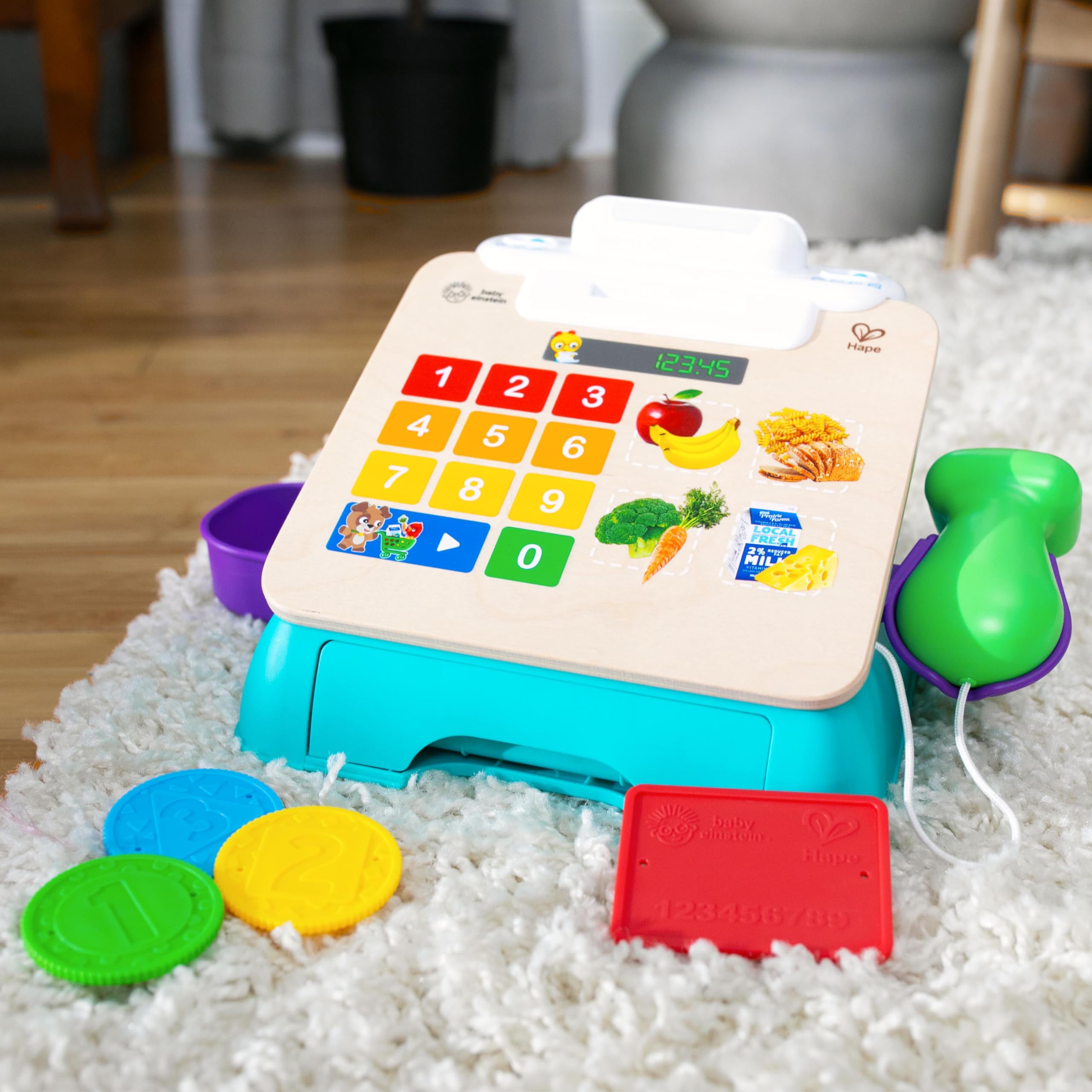 Baby Einstein + Hape Magic Touch Cash Register Pretend to Check Out Toy, z prawdziwymi dźwiękami i muzyką, dla dzieci w wieku od 9 miesięcy