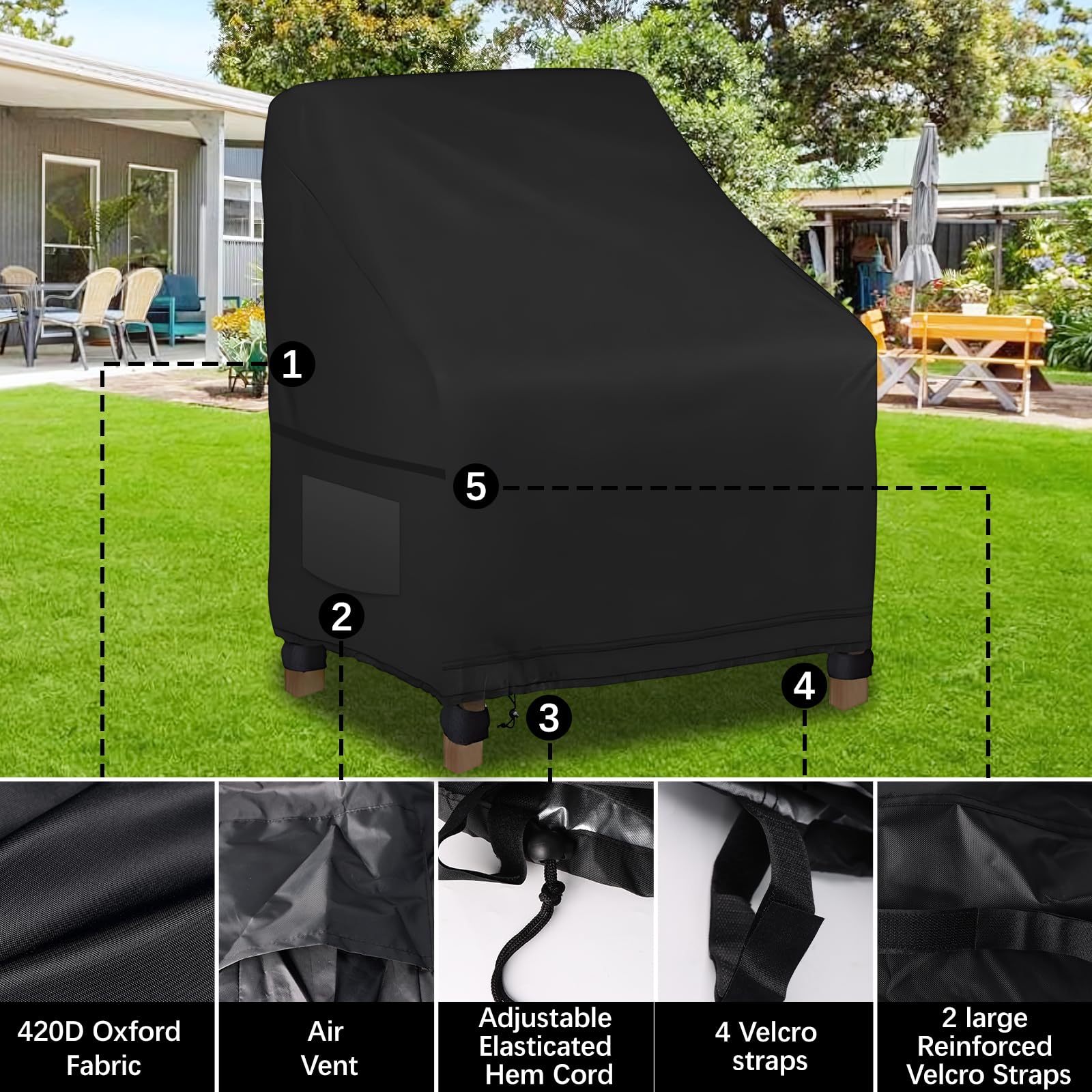 2 Pezzi Copertura Sedie Esterno, Fodera Sedies Giardino, Copri Sedie Esterno Impermeabile, Antipolvere, Resistente ai Raggi UV Copertura per Sedie da Giardino 600D Poliestere 35.04" x 38.19" x 29.13"