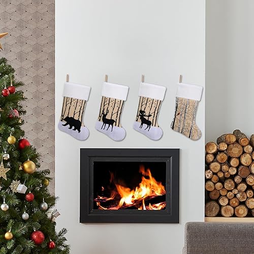 Miniatura 6 de Calcetín de Navidad rústico de arpillera de 20 pulgadas con diseño de alce, decoración de mantel de chimenea, alce navideño