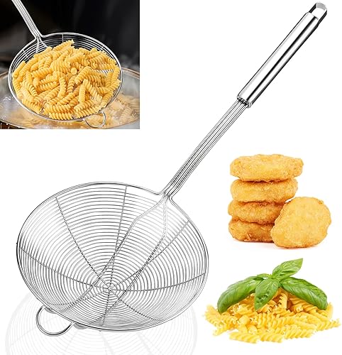 Yimi Colador de araña de 16.5 pulgadas Espumador de cocina de acero inoxidable con mango largo de doble gancho Cuchara de alambre en espiral