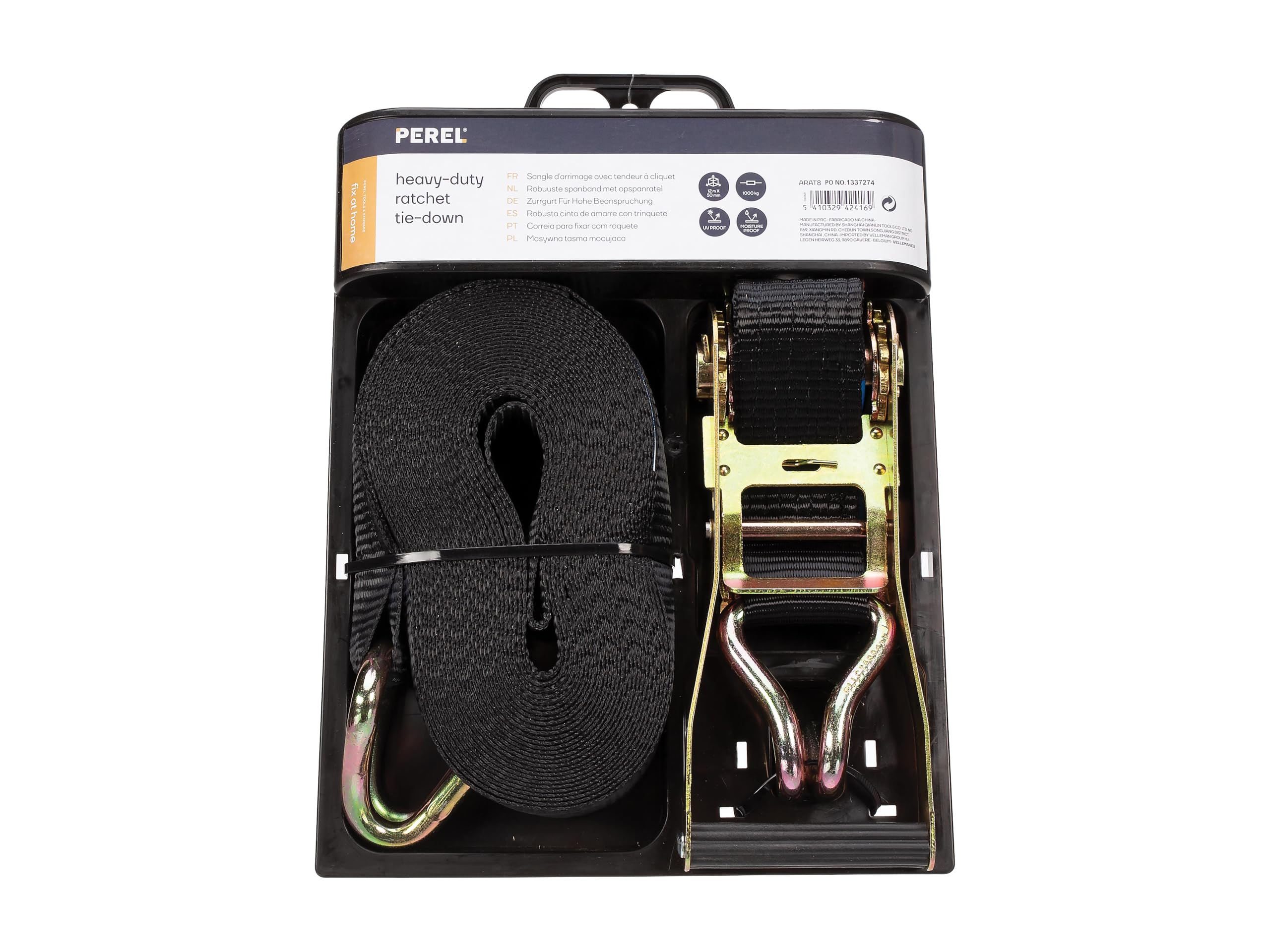 Toolland Cinghia di ancoraggio, in due pezzi, con cricchetto e ganci a J, resistente ai raggi UV e idrorepellente, per il fissaggio di carichi medio-pesanti, max. 1000 kg, poliestere, arancione, 3,65