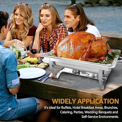 Miniatura 7 de JSTUOKE Juego de 8 platos de bufé de roce de acero inoxidable de 8 cuartos de galón rectangulares y calentadores de buffet para catering, con