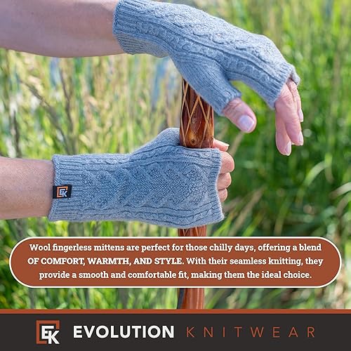 Miniatura 5 de Evolution Knitwear Guantes de lana de punto trenzado sin dedos, lana merino súper suave, fabricados en los Estados Unidos, talla S