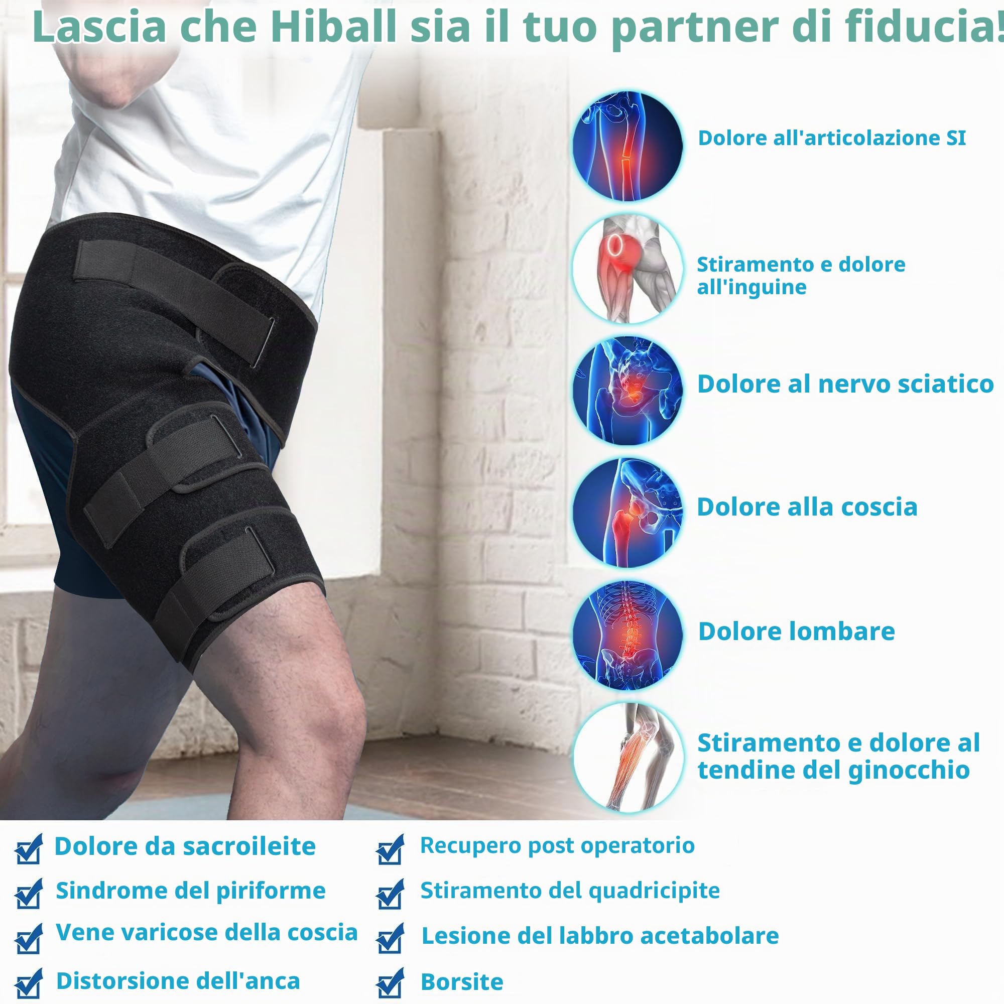 Hiball Tutore regolabile per anca e coscia per alleviare il dolore alla sciatica, stabilizzatore medico a compressione per inguine e tendine del ginocchio, per uomini e donne, fascia di supporto per