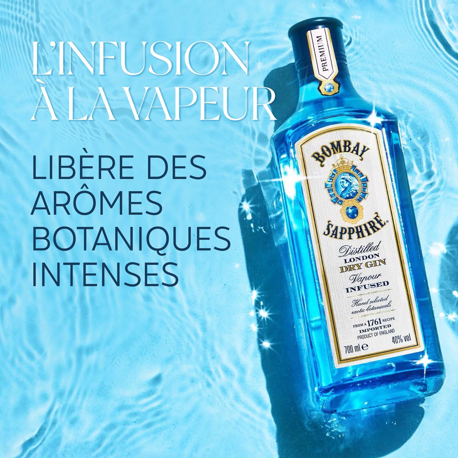 Bombay Sapphire London Dry Gin, 40 % vol., 70 cl / 700 ml, Un Spiritueux Infusé à la Vapeur, Élaboré à Partir de 10 Plantes Aromatiques Rigoureusement Sélectionnées à la Main