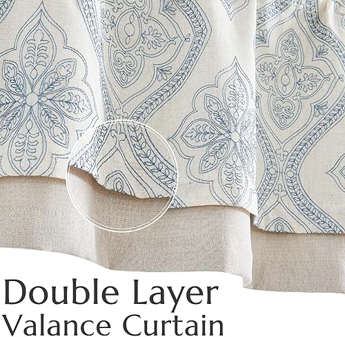 Miniatura 9 de Jinchan - Cenefa de lino de 18 pulgadas con medallón bordado damascado para cocina, cortinas pequeñas para ventanas de dos capas, cenefa para sala