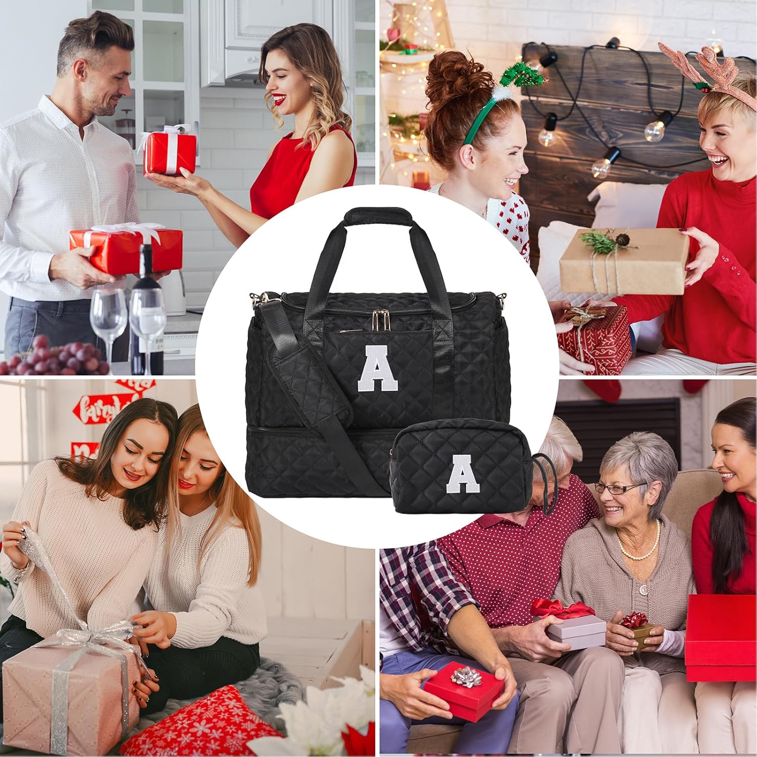 Personalized Initial Travel Bag, Quilted Duffle Bag, Weekender Bag for Women with Cosmetic Bag, Gym Bag with Shoe Compartment, Carry on Overnight Bag, Hospital Bag for Labor Delivery (Black, A)