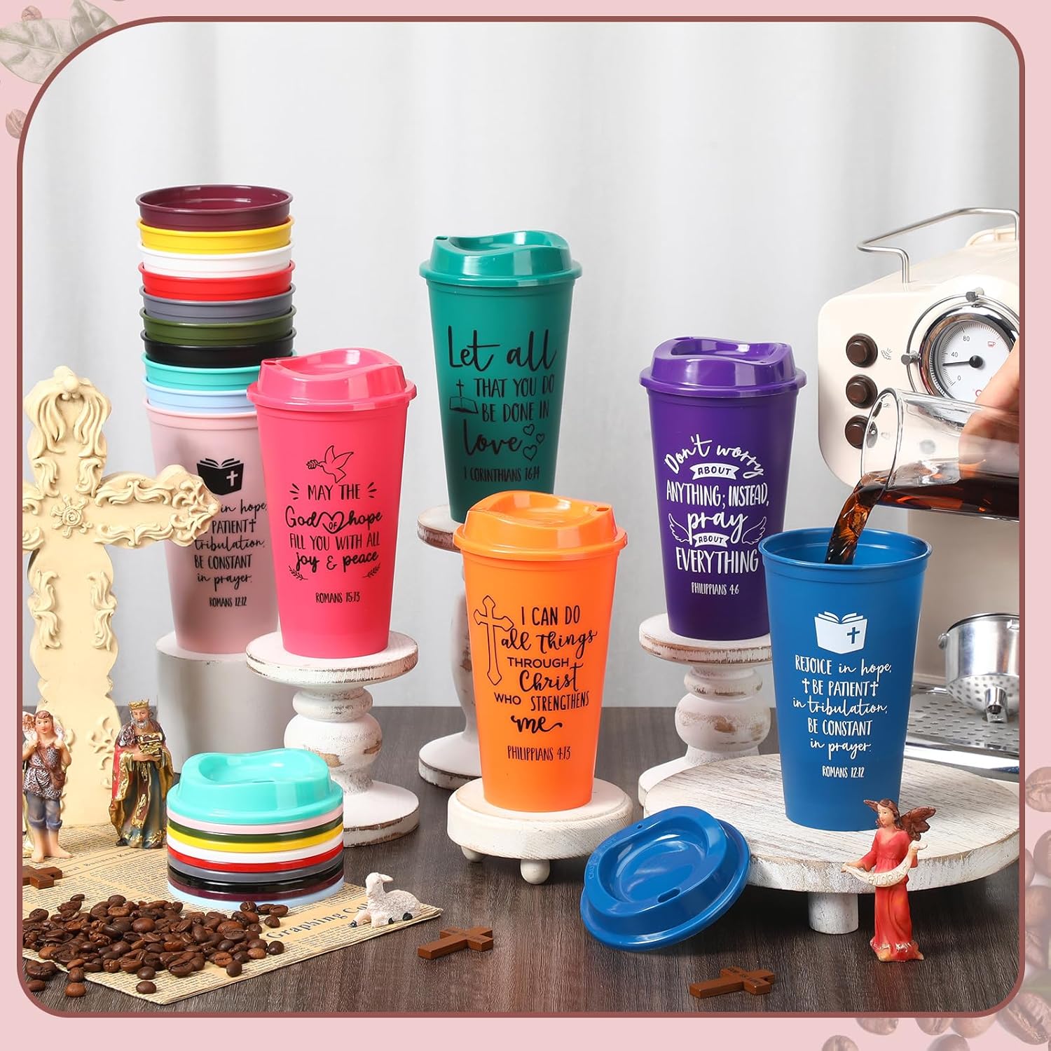 Pickmesh 60 Pcs Christian Gift for Employee Christian Tumblers for Women Religious Employee Appreciation Gift Bible Verse 16 oz Plastic Tumbler with Lids for Church Teacher Staff (Bright Color)