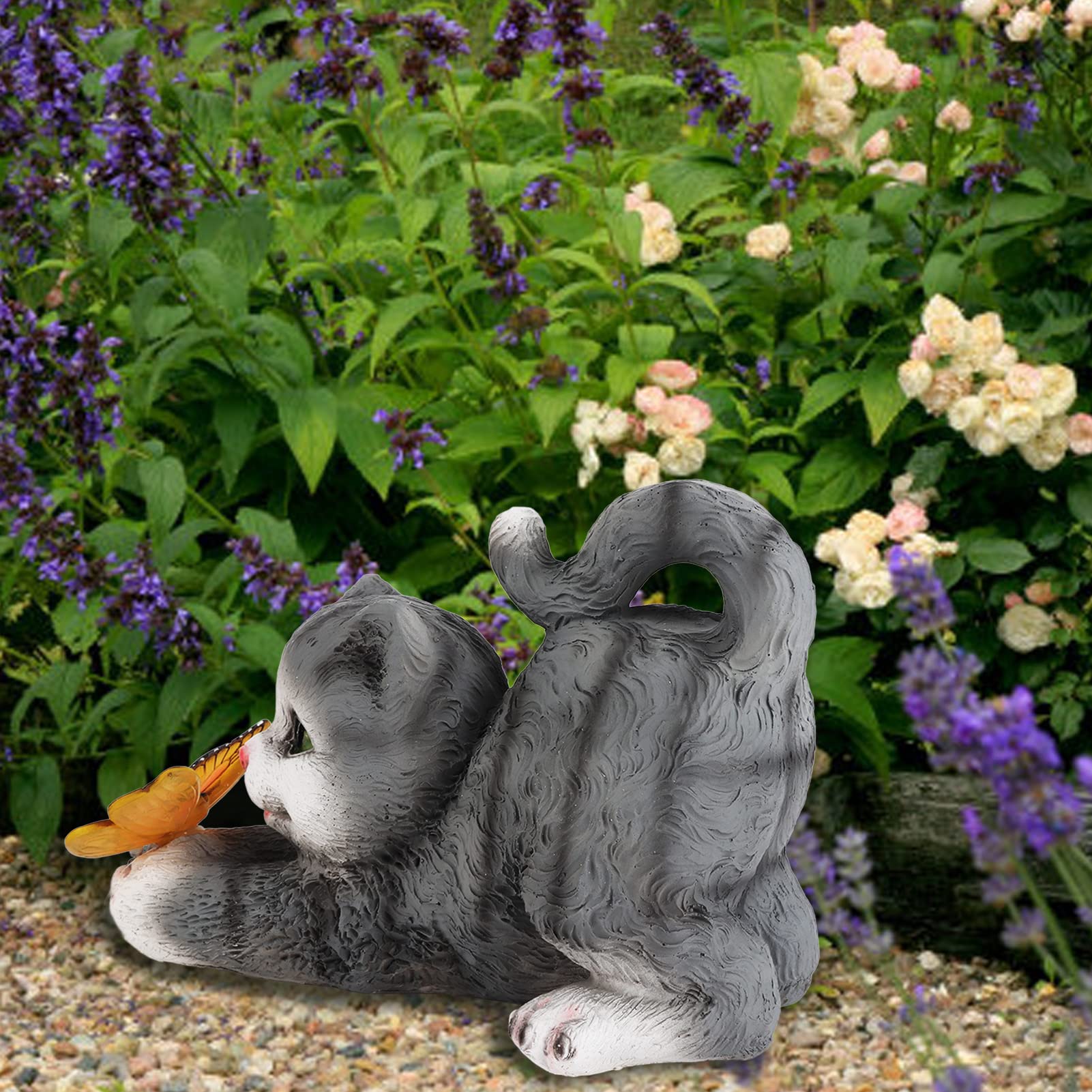 Schattig kunsthars kattentuinornament met vlinder, retro gestreept