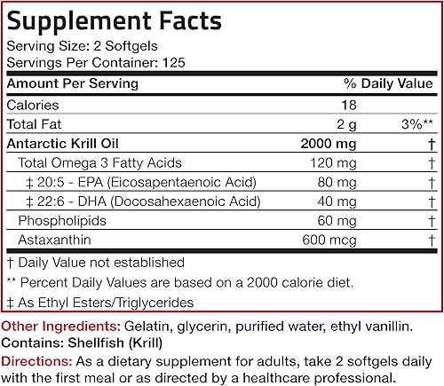 Miniatura 8 de Bronson Aceite de krill antártico 2000 mg con omega-3 EPA, DHA, astaxantina y fosfolípidos, 250 cápsulas blandas (125 porciones)