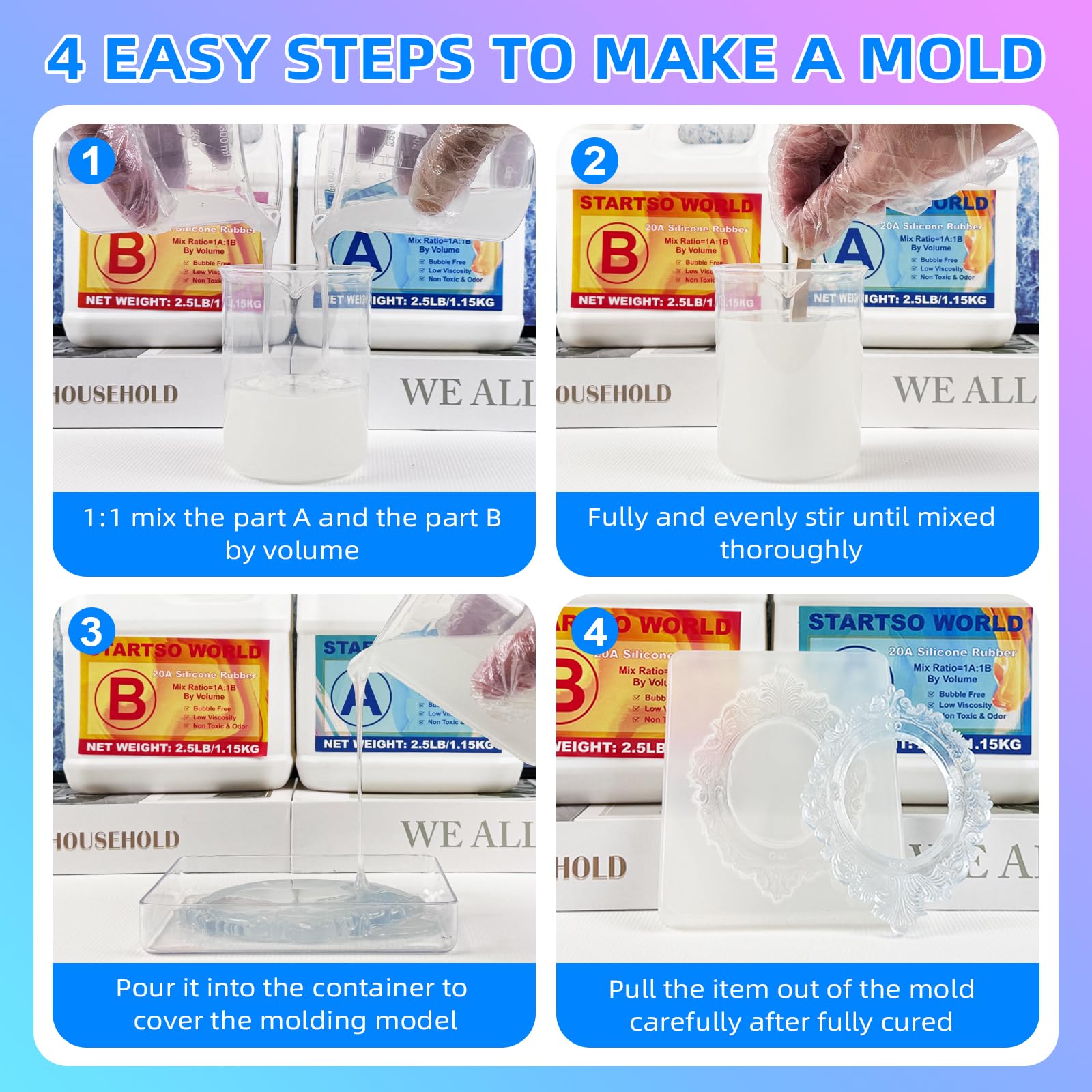 STARTSO WORLD Kit de fabricación de moldes de silicona 20A, goma de silicona líquida platino para hacer moldes, curado rápido y apto para alimentos, 80 onzas, ideal para moldear moldes de resina y