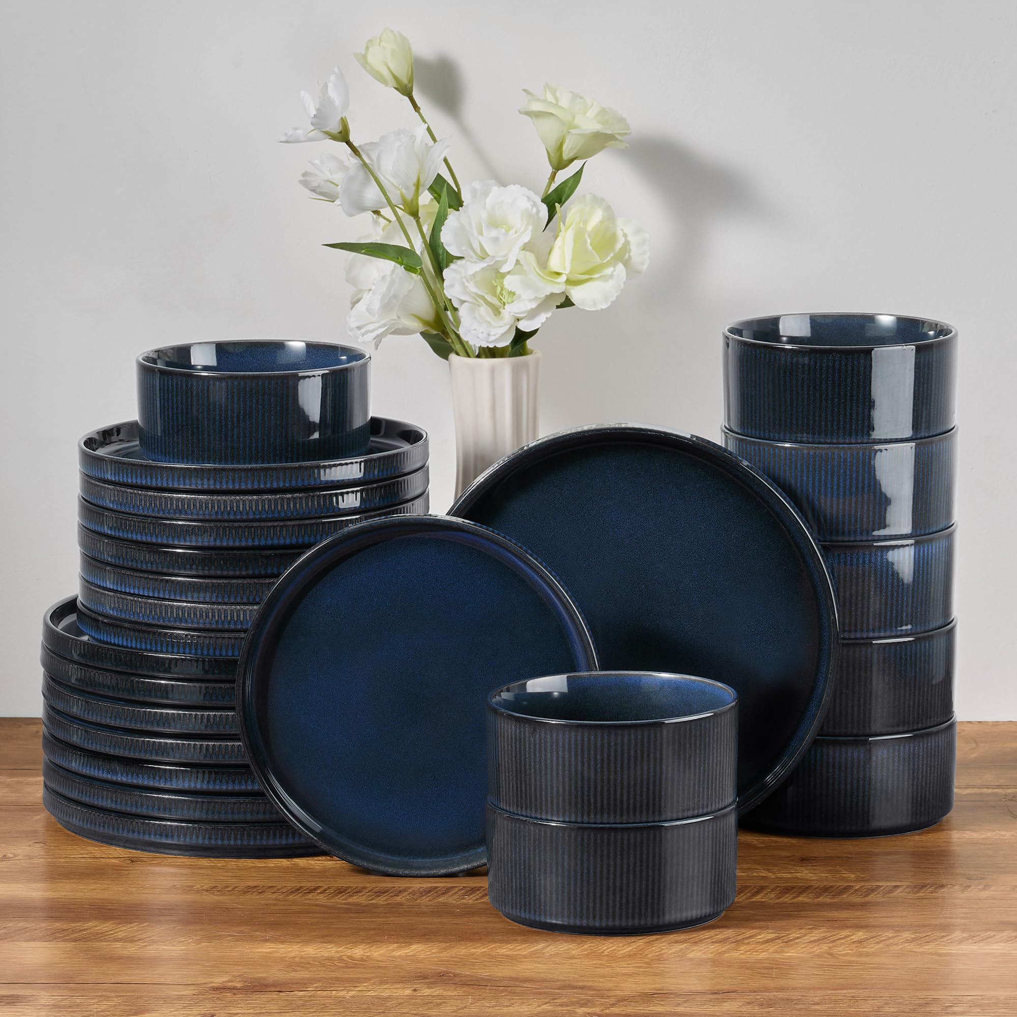 E-far 24-Piece Stoneware Dinnerware Sets, Plates and Bowls Sets for 8, Kitchen Dinning Porcelain Ribbed Dishes Set, Chip &amp; Scratch Resistant, Dishwasher &amp; Microwave Safe, Midnight Blue