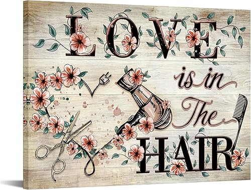 KREATIVE ARTS Love The Hair - Arte de pared vintage para peluquería, pinturas de herramientas de peluquería, obras de arte de salón de belleza,