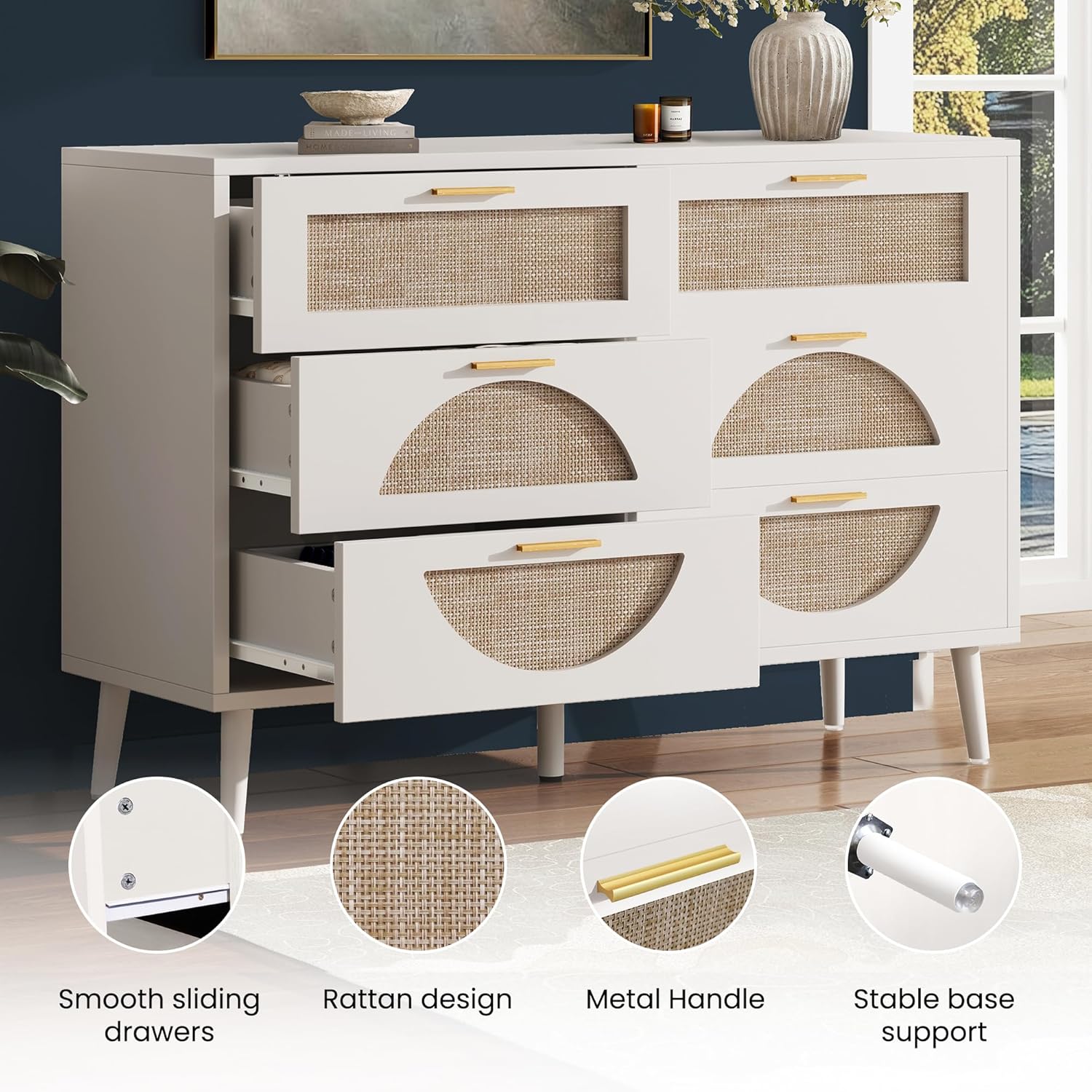 rattan dresser natural wood mid-century with six drawers