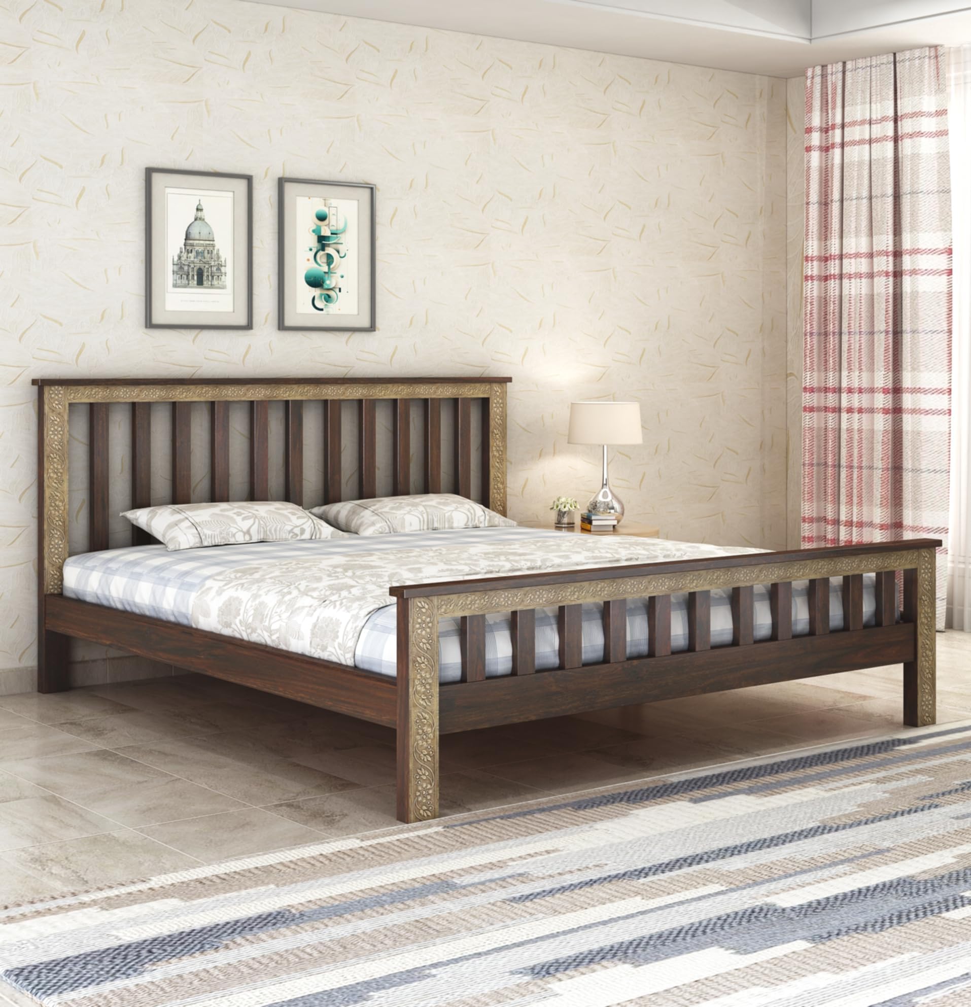 Wooden Queen Size Bed Without Storage | Traditional Double Bed Cot Bed with Brass Work for Bedroom & Hotel | Palang/Platform Bed | Sheesham Wood | Walnut, Recommended Mattress Size: 78 X 60 X 6