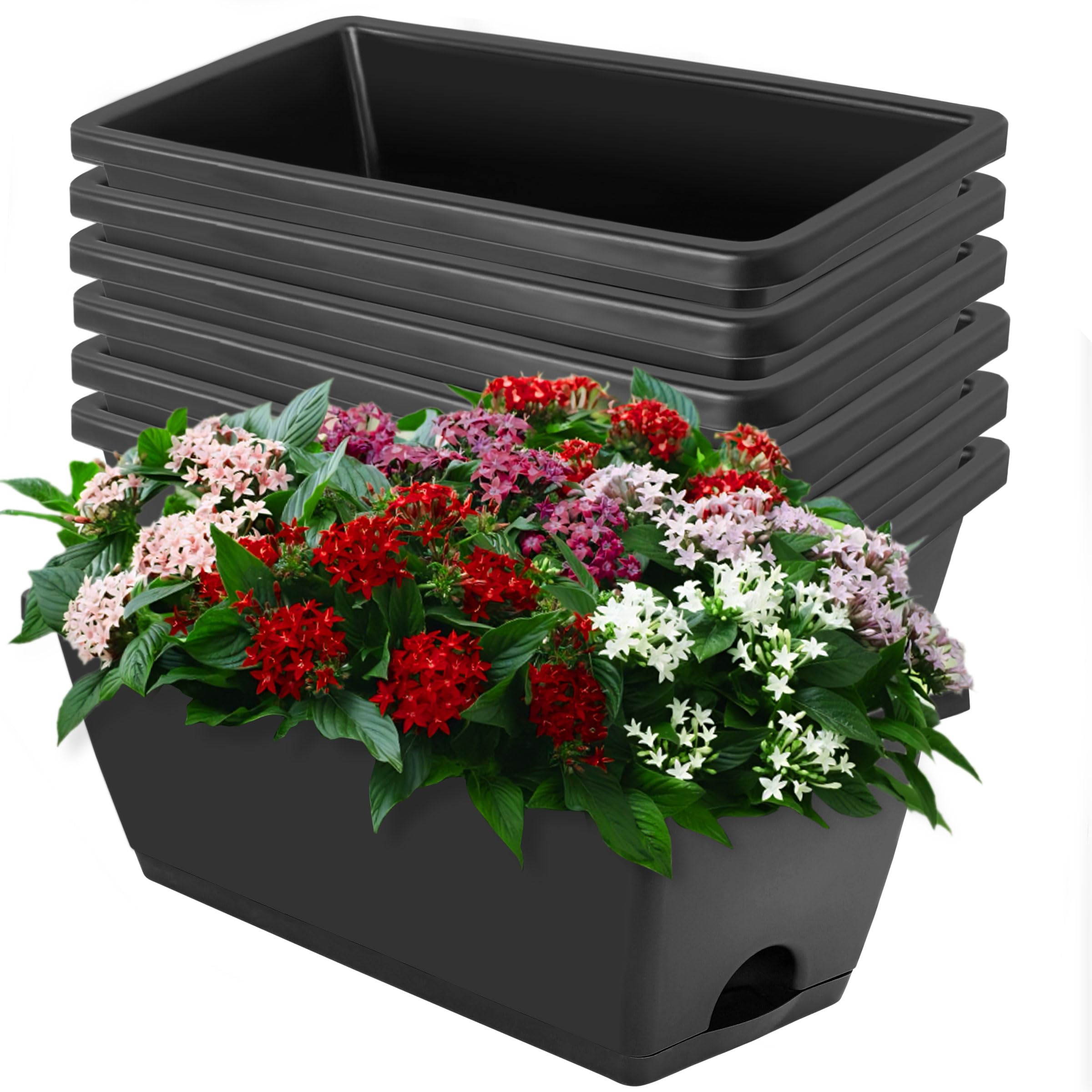 MUETKNYE Window Box Planter, 7 Pack Plastic Vegetable Flower Planters Boxes 17 Inches Rectangular Flower Pots with Saucers for Indoor Outdoor Garden, Patio, Home Decor (Dark Grey)