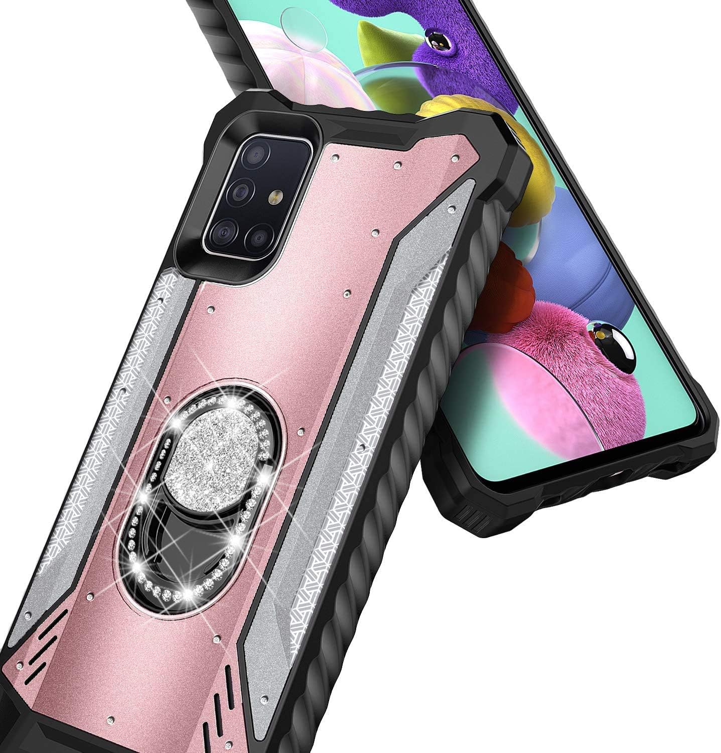 E-Began Case for Samsung Galaxy A71 5G with Tempered Glass Screen Protector, Magnetic Metal Built-in Diamond Ring Stand Holder, Full-Body Protective Case [Not Fit A71 5G UW Verizon] -Rose Gold/Silver