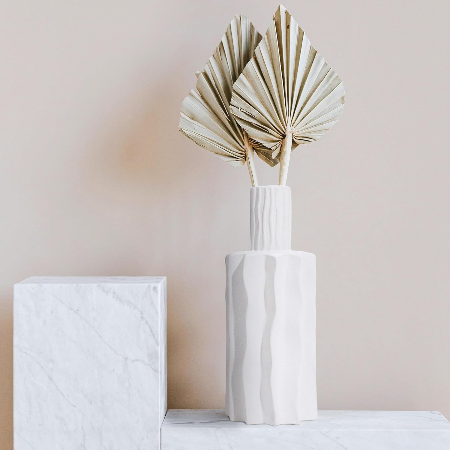 LuxenHome Modern White Ceramic Vase, 12 Inch Fluted Tall Stoneware Table Vase Pottery White Vase Entry Way Table Home Decor Decorative Vase for Living Room Bedroom Decor