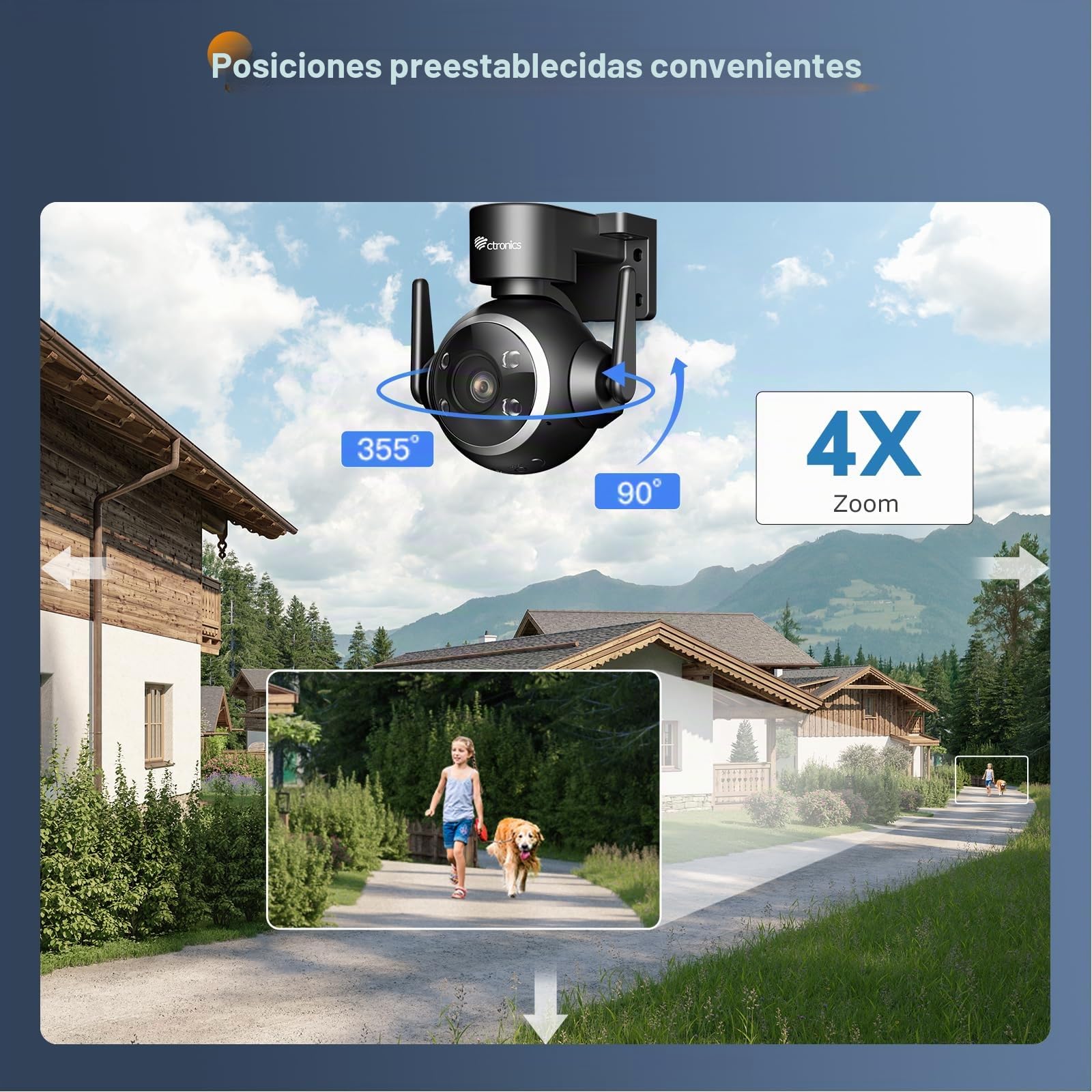 Ctronics Cámara de Vigilancia WiFi Exterior 2K 3MP, Seguimiento Automático, 8 Posiciones Preestablecidas, Visión Nocturna en Color 30 m, Luz LED y Sirena Personalizable, PC/App, FTP/NAS/Cloud