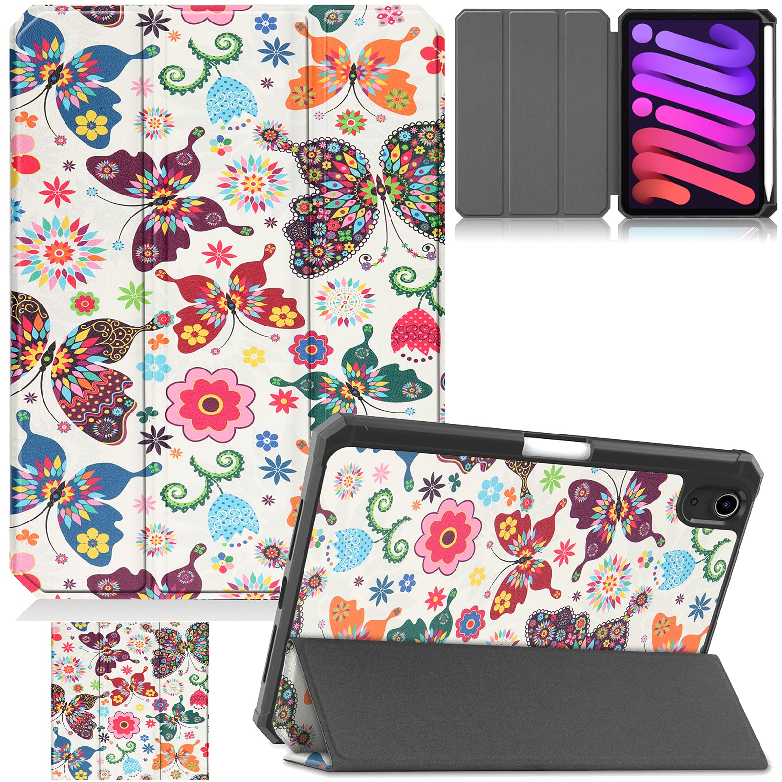 REASUNCase for 2021 iPad Mini 6, iPad Mini 6 Case,Premium PU Leather Support Auto Sleep/Wake Trifold Stand with Pencil Holder Case for iPad Mini 6th Generation 8.3 Inch 2021, Color Butterfly