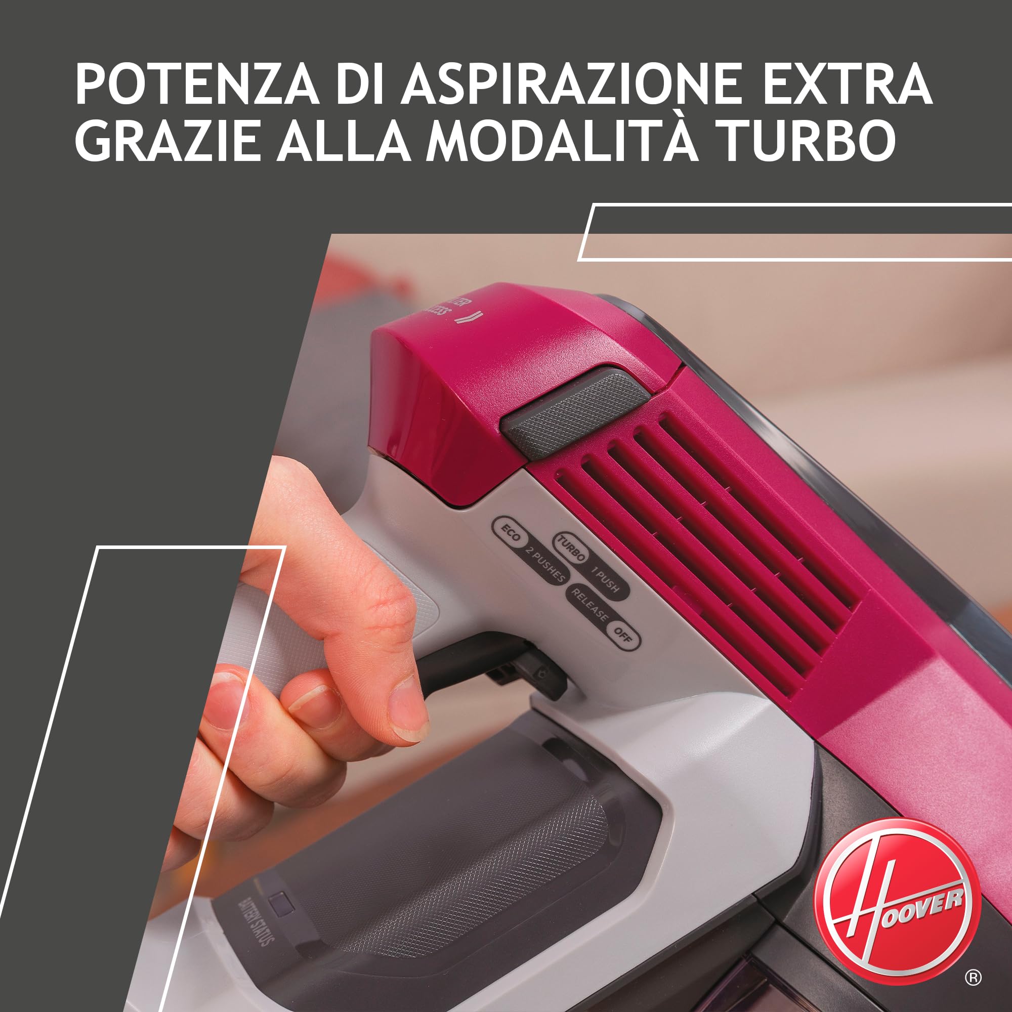 Hoover HF1 HF110P Aspirapolvere Senza Filo, Senza Sacco, 170 W, 0,9 Litri, Autonomia 30 Minuti, Spazzola Animali, Luce LED, 26x23,4x112 cm, Magenta