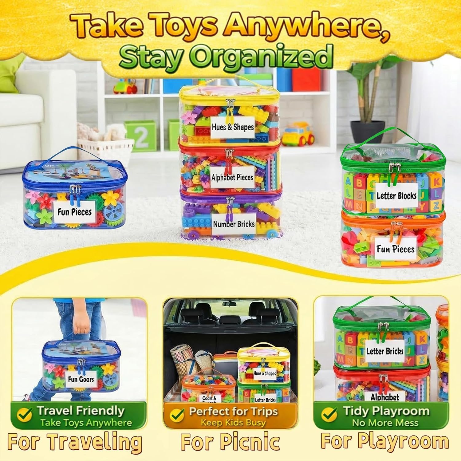 6 Pack Clear Toy Storage Bags, Kids Toy Organizer with Zipper, Waterproof PVC, Large Capacity for Puzzles, Blocks & Board Games, Easy Sorting with Labels