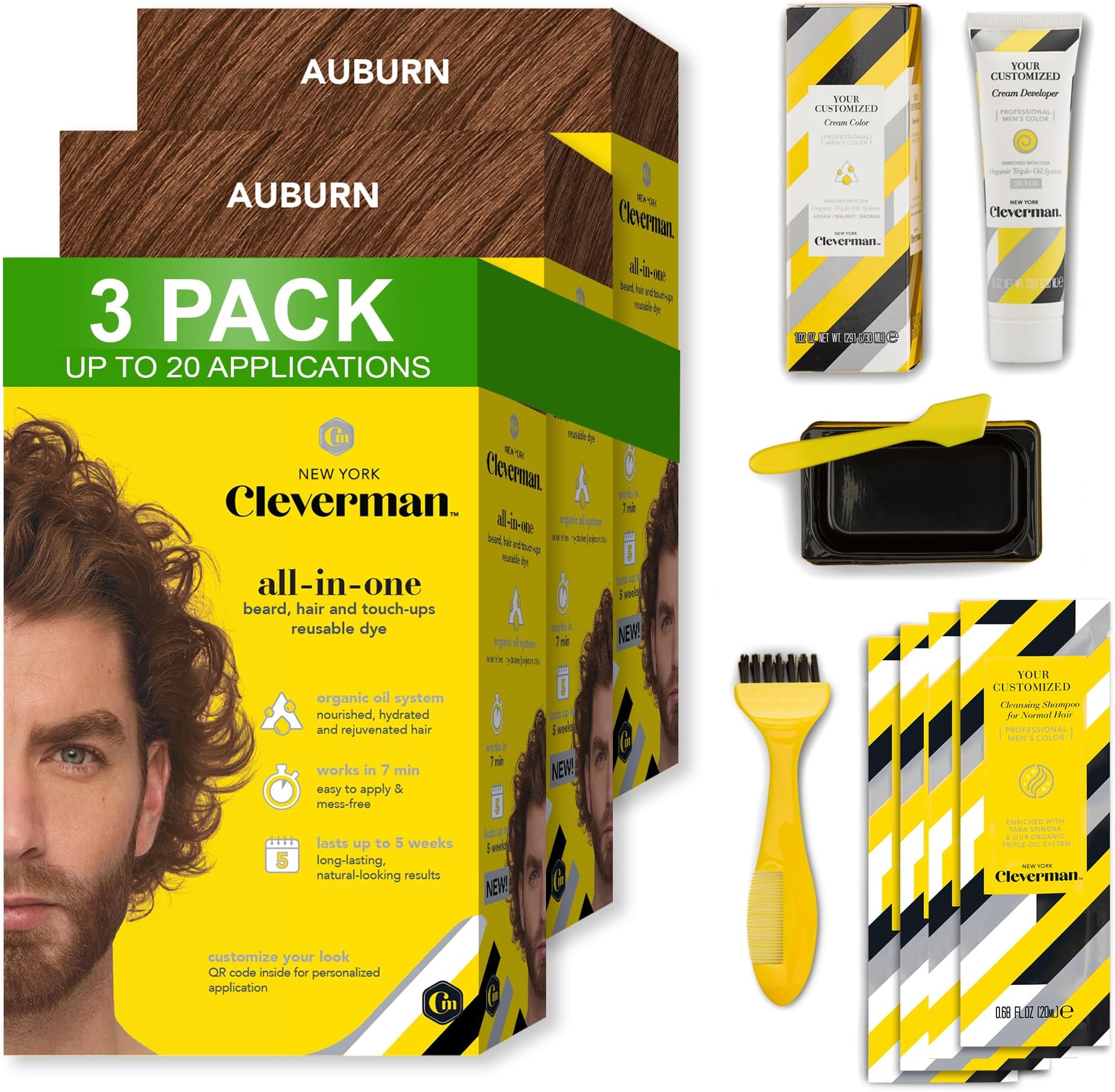 3x2 Pack Cleverman Auburn Hair & Beard Dye for Men, All-in-One Reusable Kit - Mens Color For Natural-Looking Gray Coverage, Professional-Quality and Ammonia-Free for Hair, Beard & Gray Mustache