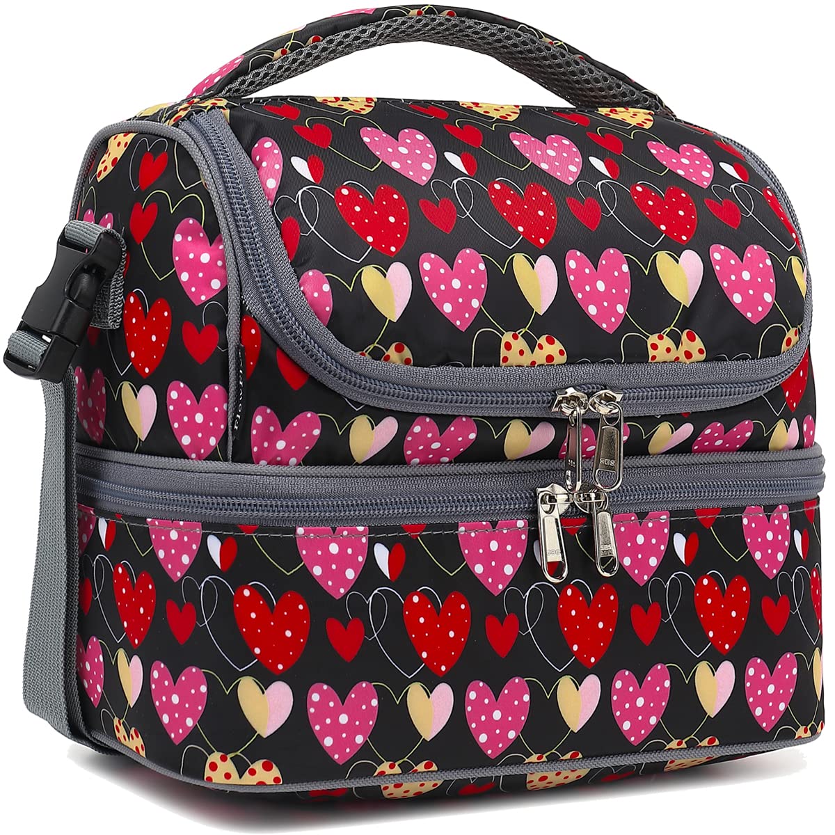 FlowFly Double Decker Cooler Insulated Lunch Bag Large Tote for Boys, Girls, Men, Women, With Adjustable Strap,Heart โ image 1