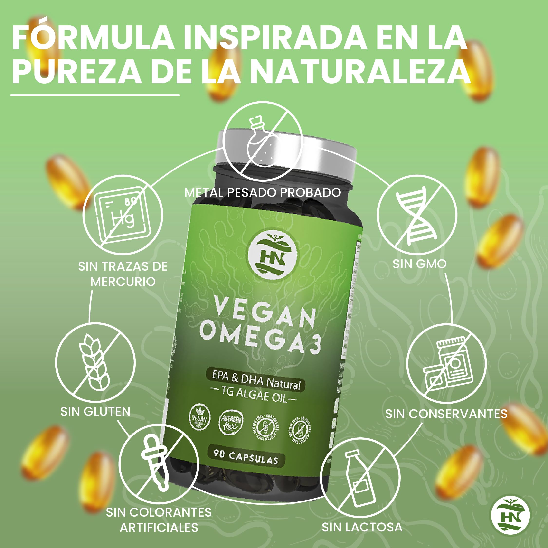 Omega 3 Vegano de Algas (90 Caps) Omega-3 Aceite de Algas equilibrado con DHA y EPA, Omega3 Algas Marinas con Vitamina E, Ideal para Cerebro y Corazón, Suplemento para Veganos-Vegetarianos (4 Botes)