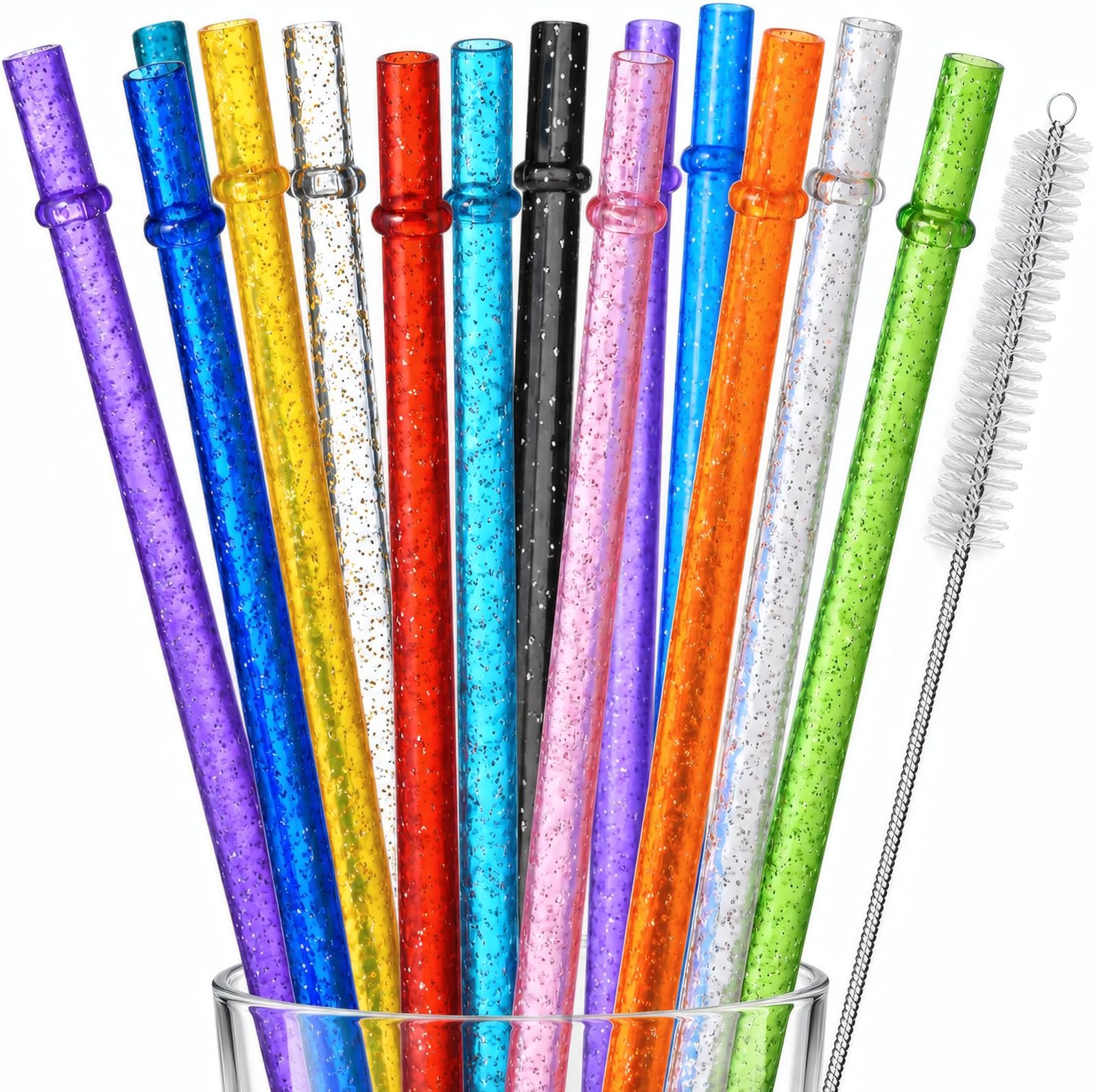 ALINK Reusable Plastic Glitter Straws, 11 Inch, 12 Pack with Brush