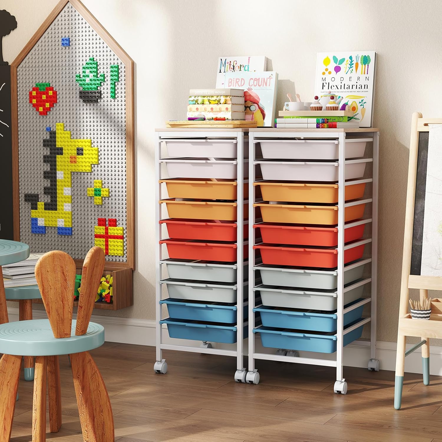 COSTWAY Rolling Storage Cart with Drawers, Multipurpose Utility Cart w/Wooden Tabletop & 2 Lockable Caster, Plastic Mobile Drawer Storage Organizer for Classroom, Home, Office (Macaron, 10 Drawers)