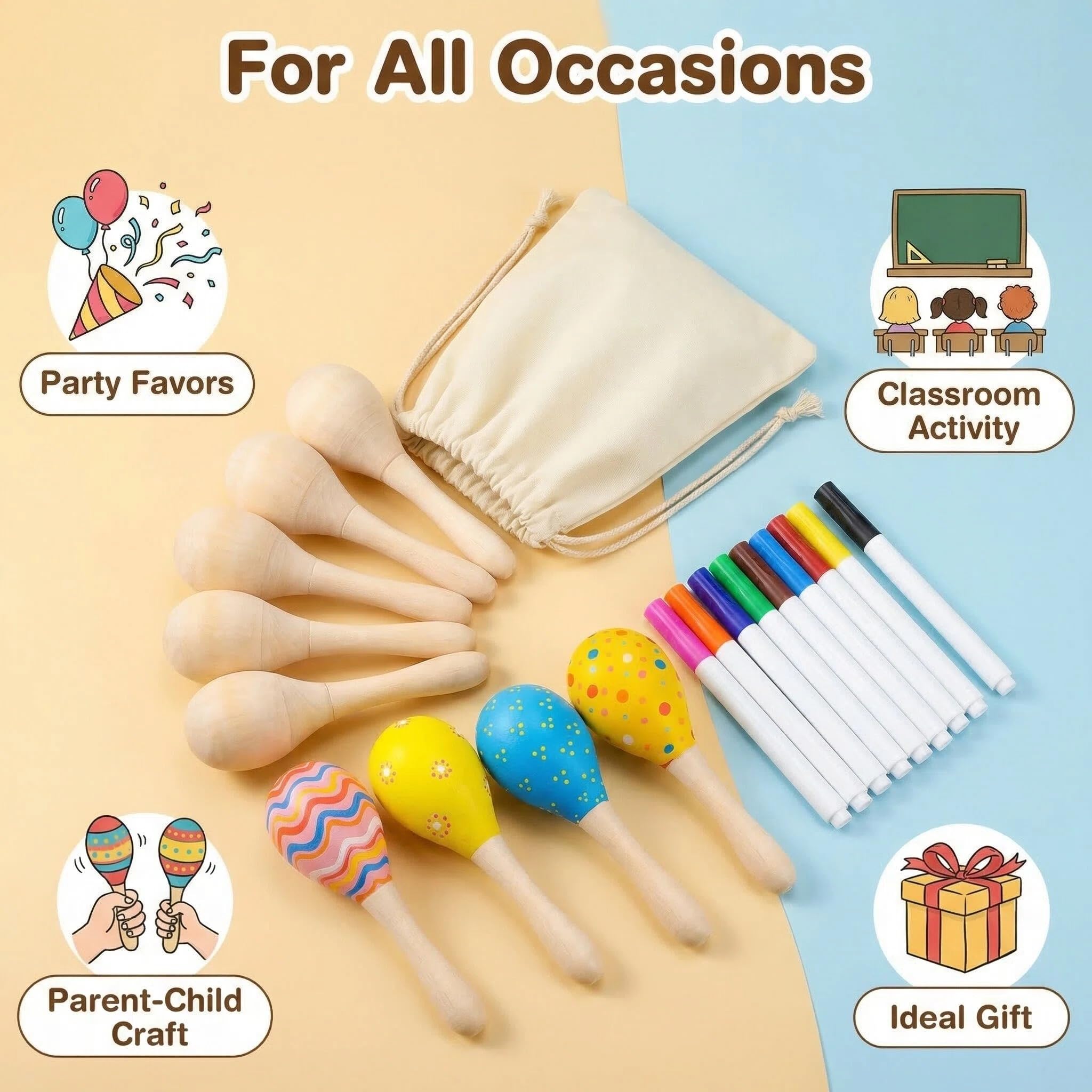 Morcheiong 38 Piezas Maracas de Madera para Niños, Fiesta Mexicana, Cinco de Mayo, con Bolígrafos Multicolor y Bolsa