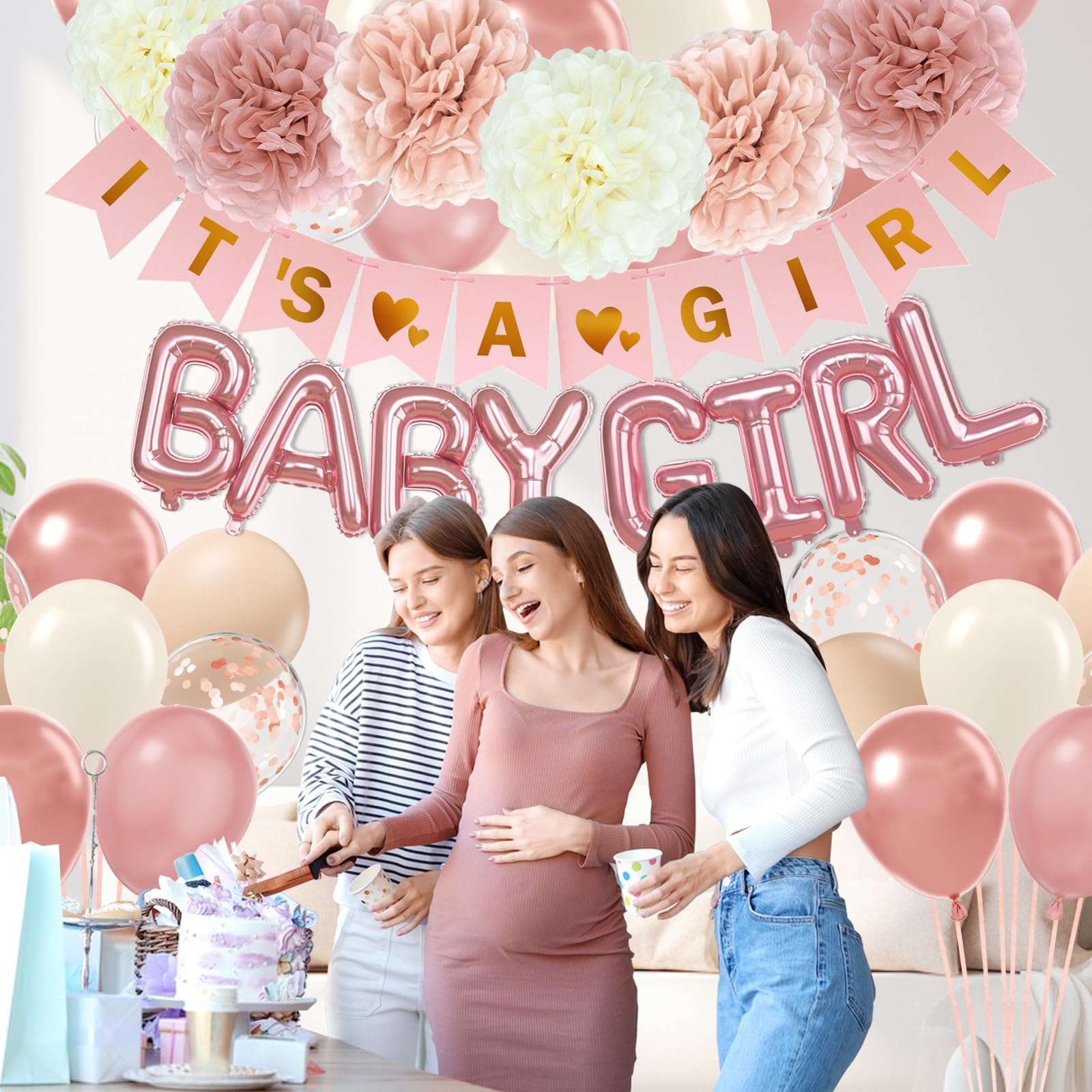 Pink Baby Shower Decorations with Ivory White Paper Pom Poms Rose Gold Dusty Pink Balloons Banner for Gender Reveal Birthday Party Baby Shower Decorations