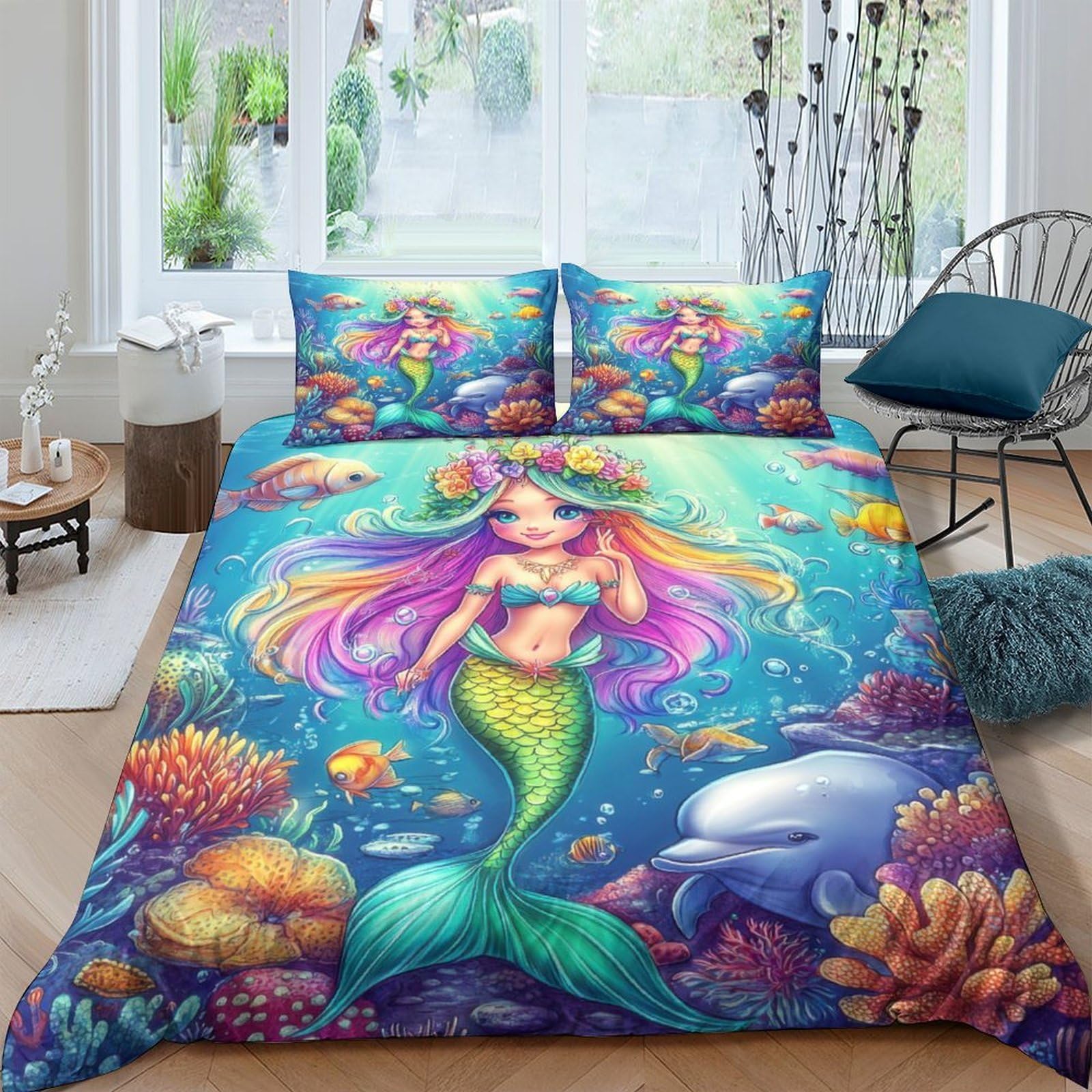 Ctjqhvkz Style-2 3D Printed Mermaid Underwater Fitted Sheet Microfiber Soft Ocean Dolphin Mattress Cover For Bedroom Dorm Home Decor Single（135X200cm）