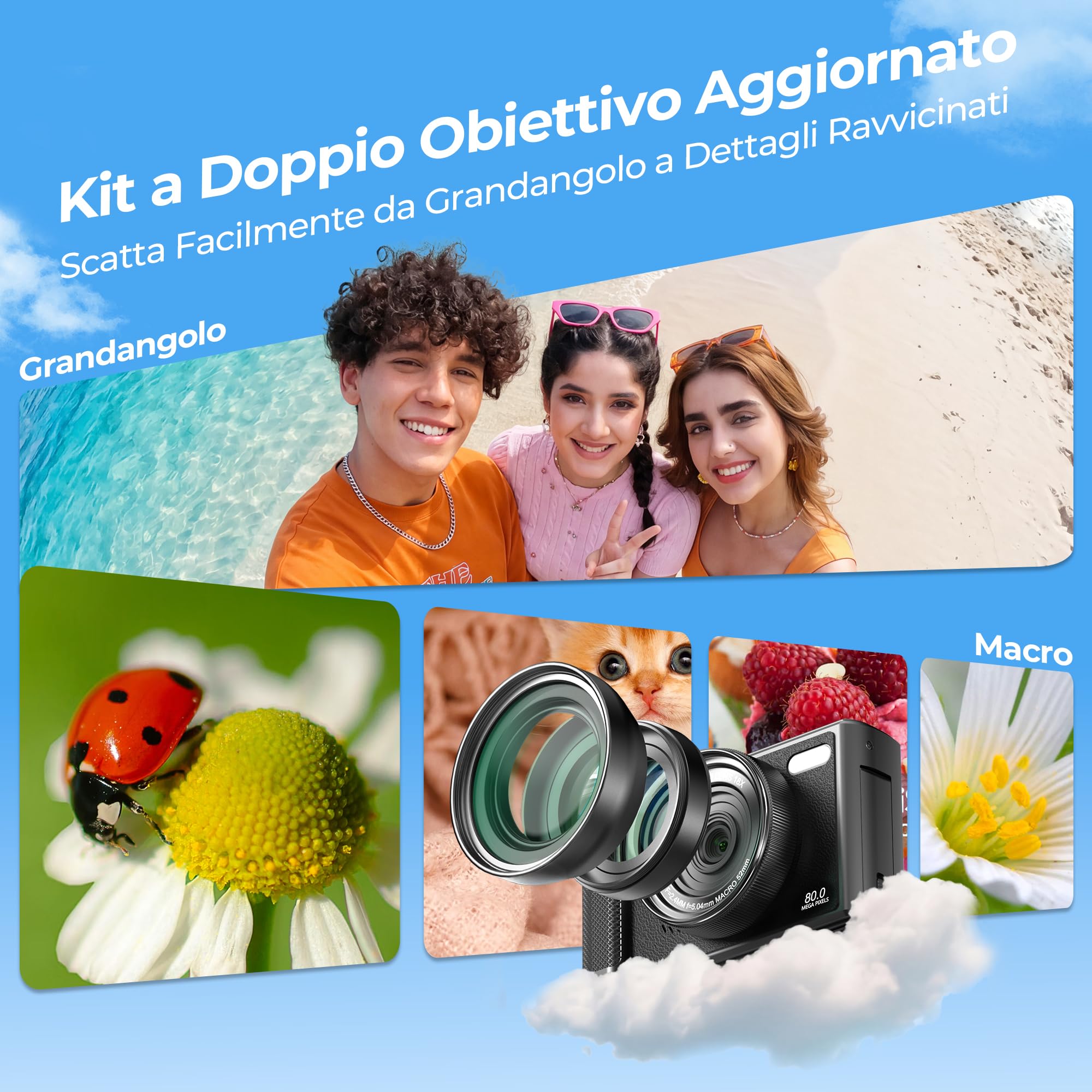 Fotocamera Digitale 5K 80MP WiFi & Autofocus, Videocamera Vlogging per YouTube, Schermo 3" 180° Ribaltabile, Zoom 18X, Compatta da Viaggio per Principianti e Ragazzi, incl. Scheda 64GB e 2 Batterie